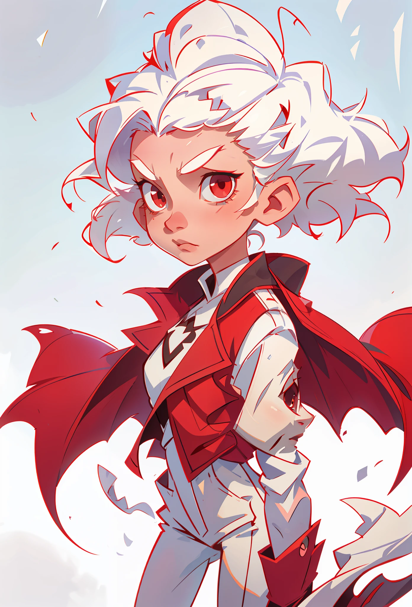 A vampire with short white hair and red eyes, with both sexual characteristics, a pure white background wall, which generates a picture through steady diffusion.