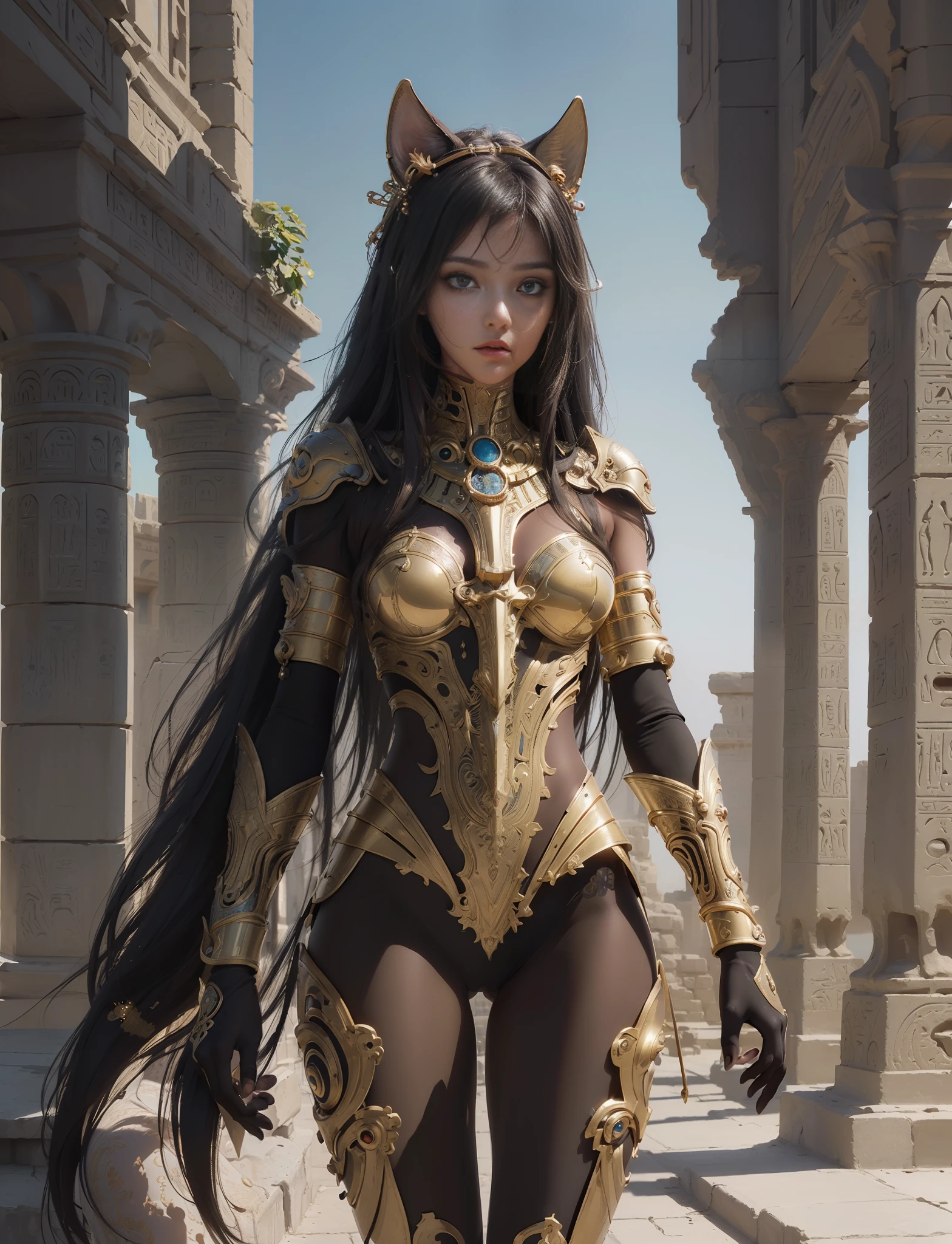 [Detailed illustrations, art based on extremely ideal anatomy, very detailed and detailed drawings, slow and delicate lines, realistic texture expression],((Color tressed main lines)),(Artwork with outstanding craftsmanship),(Ruins background (Ancient Egypt)),[HENTAI ANIME Girl Beauty Cyborg ] (Large, seductive hanging eyes) Lustrous black hair Tanned skin,( Bastet) Cyberne-golden armor with carved decoration ((Decoration of transcendent craftsmanship)) (Elegant,Gorgeous golden luster ((polished reflective luster)),Gorgeous),Orparts Lost Technology (Hierograph),Gravure,(Science Fiction Mechanical Bioengineering),((Fine and beautiful skin expression (transparency))),((Clear gaze)),(( Perfect eye details (beautifully drawn pupils with great detail))),(Beautiful perfect face (realistic face details)),((Beautiful hair details)),(Perfectly proportioned proportions)),(High-level built design,((Advanced structural understanding of materials)),Ideal color coordination),((Artistic decoration))) ((Dense details),((Detail,High definition) ),[(Ultra-precise detail),((Multilayer texture)),HighQuality,High Resolution],((Accurate simulation of light-material interaction, understanding of air flow, mechanically correct expression)),(((Visual art with a sense of narrative)).