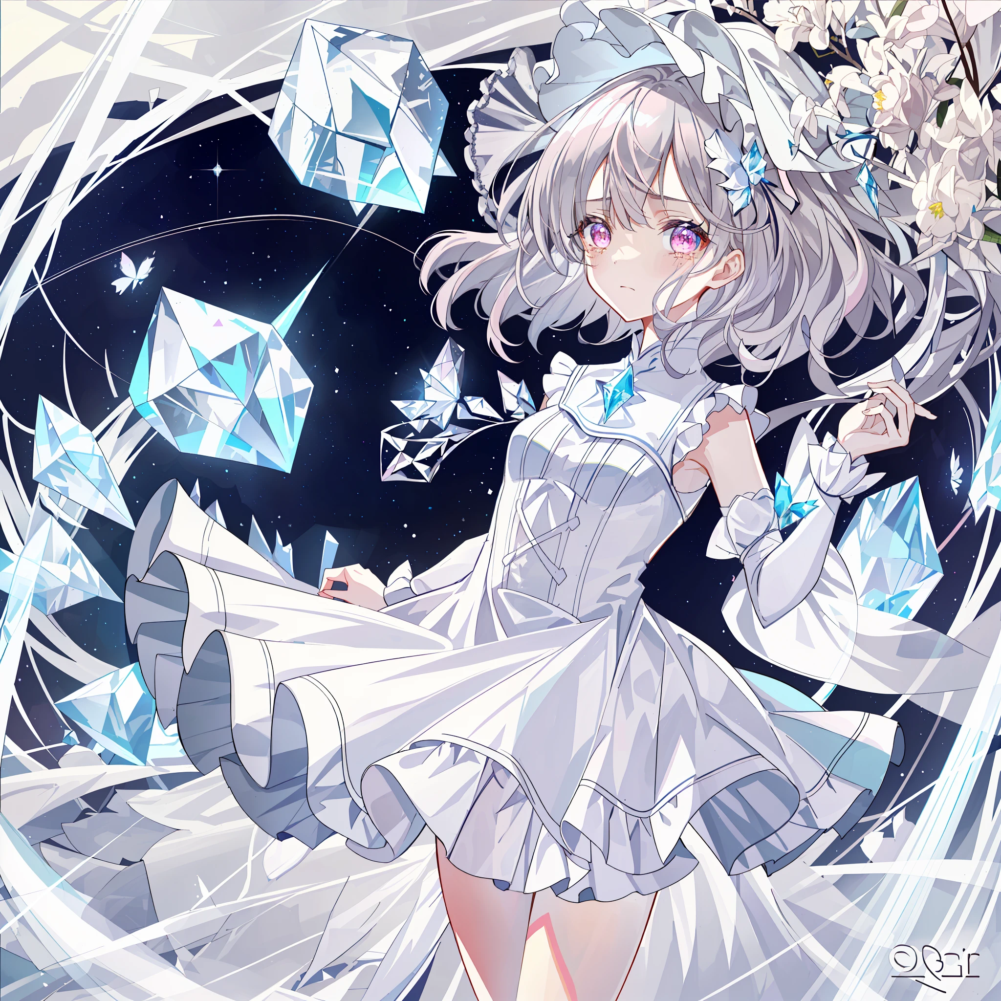 {{{{Masterpiece}}}}, {{Best Quality}}, {Official Art}}}, {Very detailed CG Unity 8k wallpaper}}}, {{{Art book}}}, 1 girl, gray hair, pink eyes, center frills, diamond (gemstone), short hair, sideburns, shiny hair, wavy hair, floating hair, hair strands, veil, background with glass and flowers, white dress, crystal, big space, beautiful detail anything, beautiful detail face, beautiful detail eyes, beautiful detail background, cute , lolie, cute face, white theme, thin skirt, layered dress, sun dress, white butterfly, diamond world, crystal flower, eyes, ice theme, falling, sad face, tears, blue and white crystal background, nihilism, frustration, crystalline girl, fog, colored, {{{{pleated dress}}}}}, {{sexy dress}}, nude dress