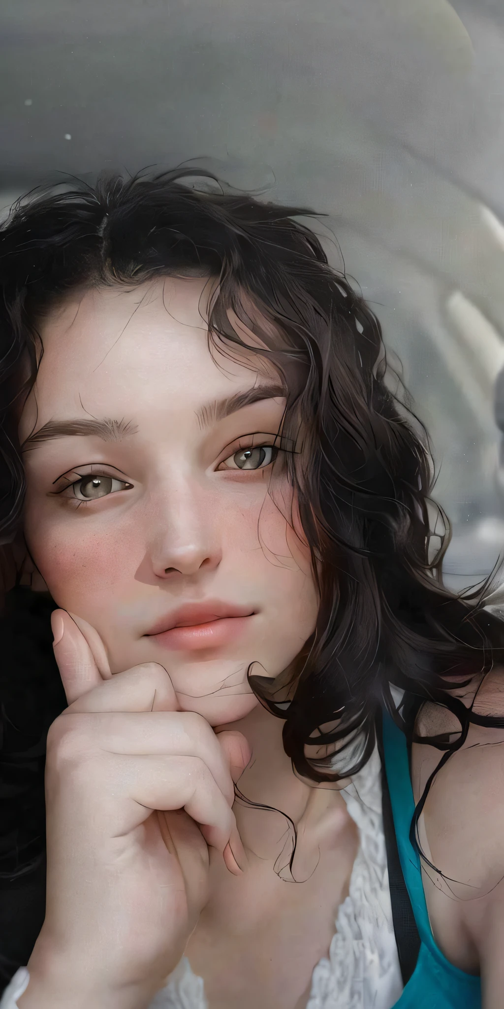 there is a woman that is sitting in a car with her hand on her chin, profile image, no makeup wavy hair, profile photo, taken in the early 2020s, headshot profile picture, selfie of a young woman, 30 years old woman, 3 0 years old woman, kaitlyn michelle siragusa, close up face