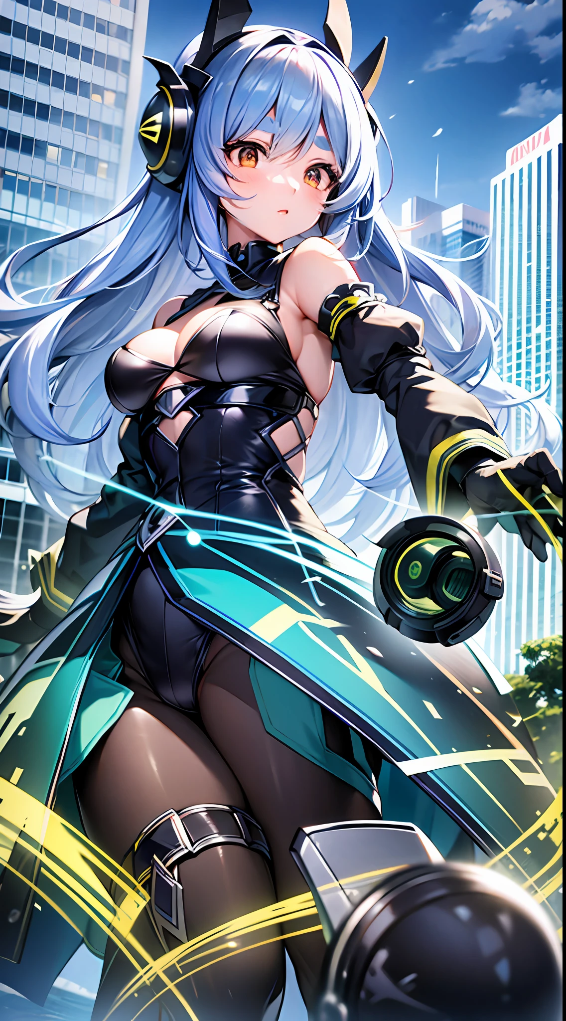 Highest image quality, outstanding details, ultra-high resolution, (realism: 1.4), the best illustration, favor details, highly condensed 1girl, with a delicate and beautiful face, dressed in a black and green mecha, wearing a mecha helmet, holding a directional controller, riding on a motorcycle, the background is a high-tech lighting scene of the future city.