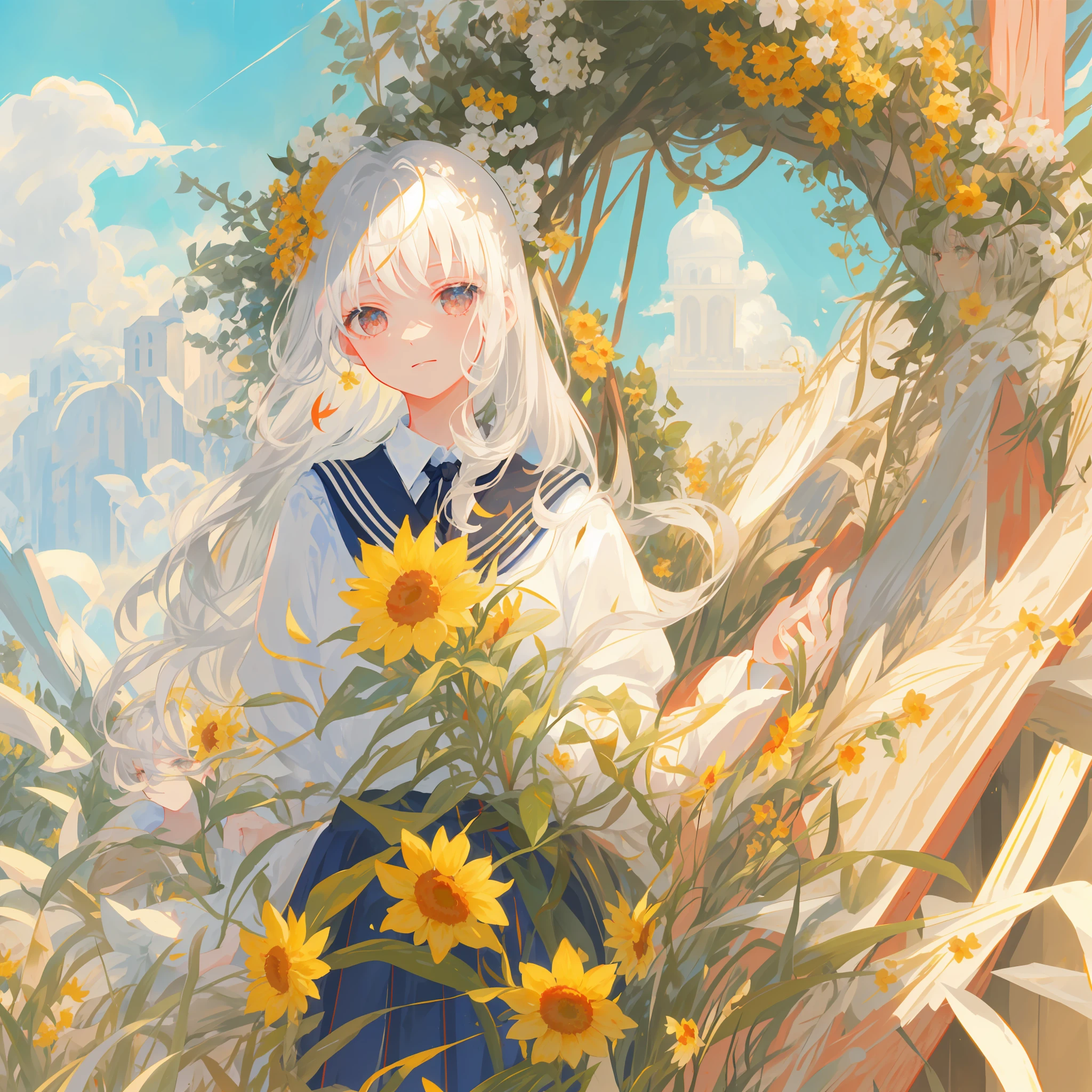 Original, extremely delicate beauty, ((beautiful and delicate eyes)), (1girl), gray hair, flowers, school uniform, looking_at_viewer, (solo), (masterpiece: 1.4), (best quality: 1.4), ((sky)), dappled sun, grass, original, delicate, beautiful and delicate eyes and face, (1girl), white hair, flowers, yellow school uniform, spectator, safflower, (solo) , (masterpiece:1.4), (best quality: 1.4), sea, ((sky)), dappled sunlight, red eyes, back hands behind you