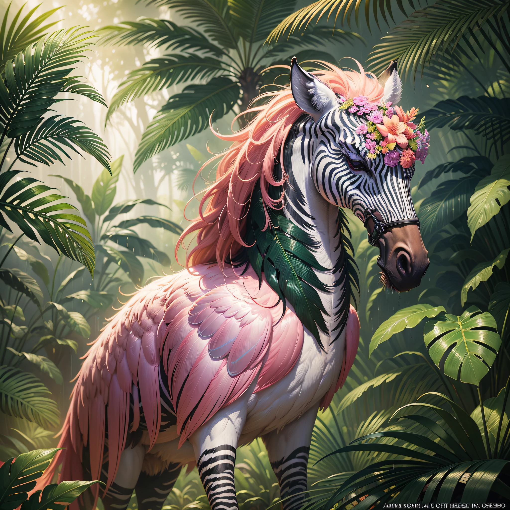 There is a winged zebra and flamingos in a dense jungle, dense tropical jungle, lush palm trees, wet foliage after heavy rain, sunset shining through the leaves of the trees, beautiful digital artworks, surreal hybrid animals, Beeple and James Jean, Beeple and Tim Hildebrandt, digital fantasy illustration, highly detailed digital painting, stunning digital illustration, award-winning painting, highly detailed digital art, beautiful digital illustration, artstation, artstation trend, cinematic lighting and HDR on stage AI, chromatic aberration, depth of field, intricate, bokeh, trend in CGsociety, dramatic, axis of the sun, masterpiece, (masterpiece, best quality : 1.2), 1time of heavy rain
