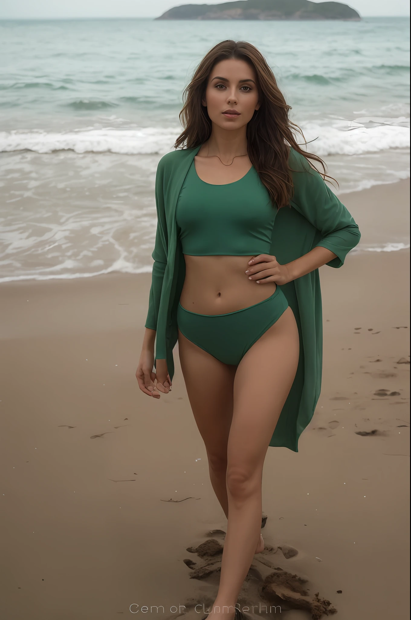 Arafed woman in a green bikini without green robe on a beach, green bikini, wearing two pieces, mini micro bikini green bikini, perfect body, photorealistic perfect body, beautiful symmetrical body, sexy body, brown hair and a perfect body of beautiful, mature, sexy woman, - beautiful woman, posing on a beach with the ocean, beautiful woman, elegant bikini,  stunning woman, gorgeous bikini model, green clothes, beautiful mature, bikini model, posing on the beach, sexy woman, and a perfect body, sexy hot body, better known as amouranth, perfect body and face, huge boobs scoring on her mini micro bikini, perfect silicone breasts, smooth tanned skin, thicc, big body, dark curvy details, camel paws