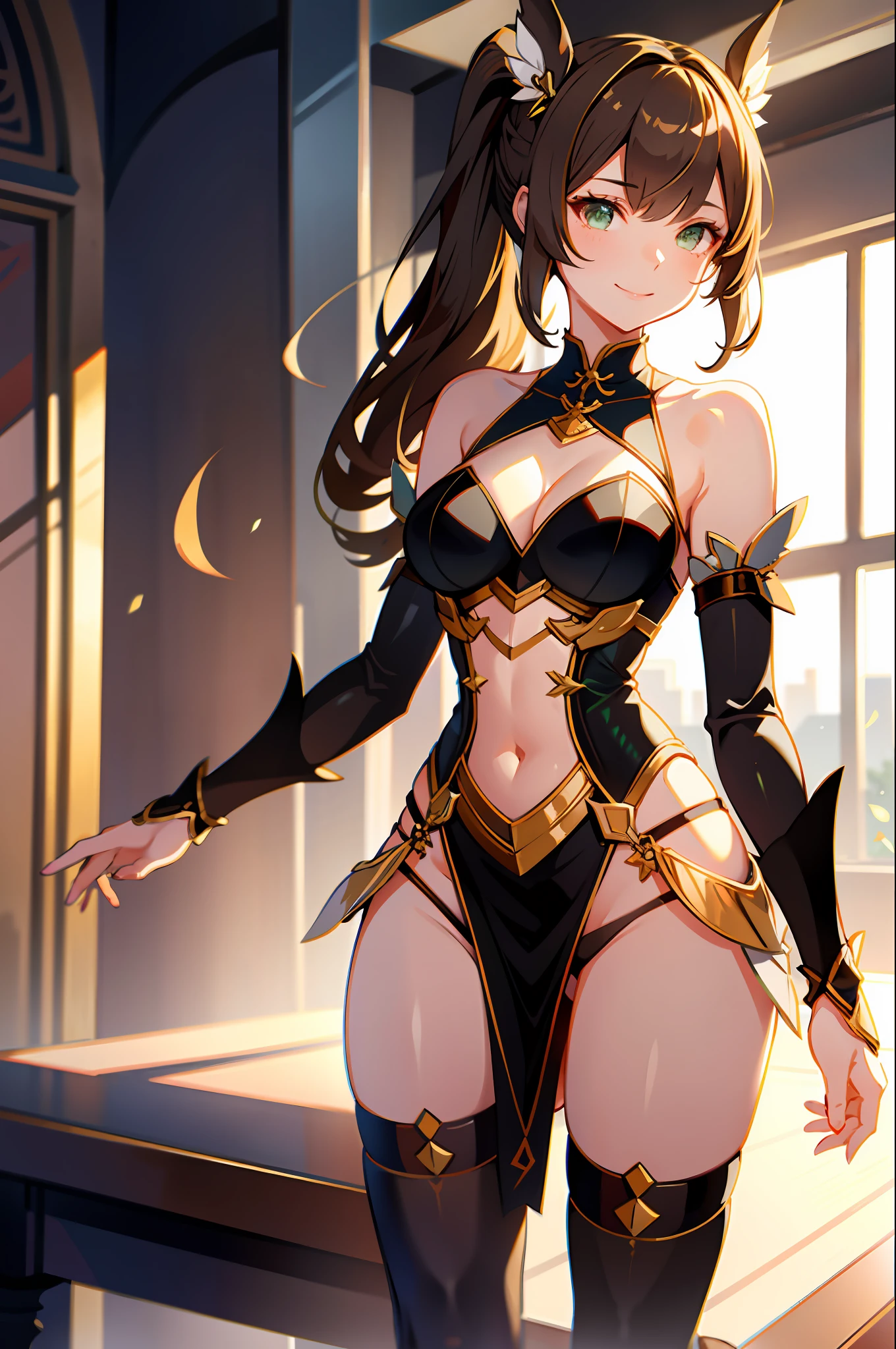 1girl, tingyun, honkai star rail, green eyes, bare shoulders, jewerly, ponytail, medium hair, brown hair, dress, large breasts, detached sleeves, standing, smile, tail, kneeling, separated legs, slightly visible panty, tilted head