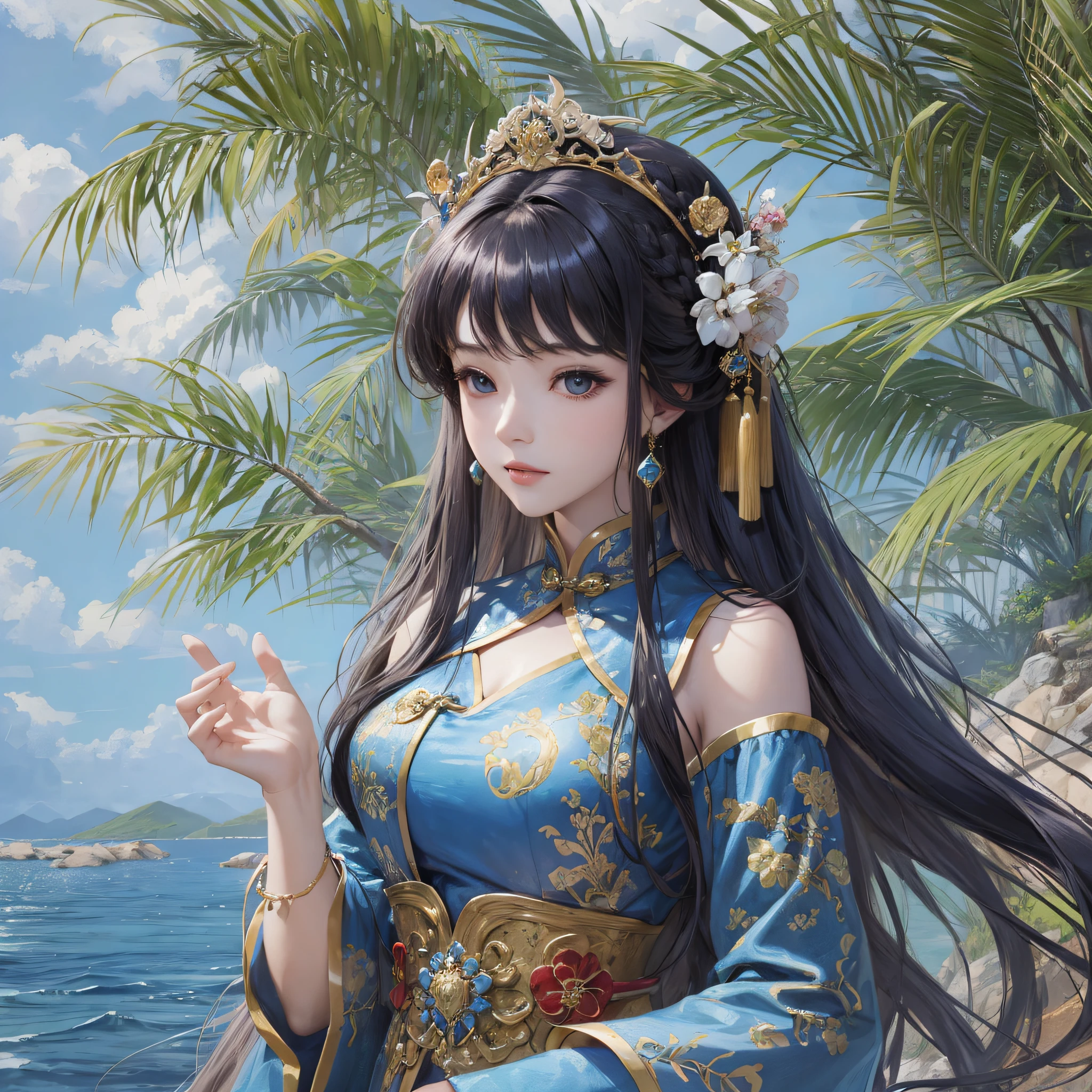 Close-up of a woman in a blue dress close to a body of water, antique goddess, long hair, Chinese costume --auto --s2