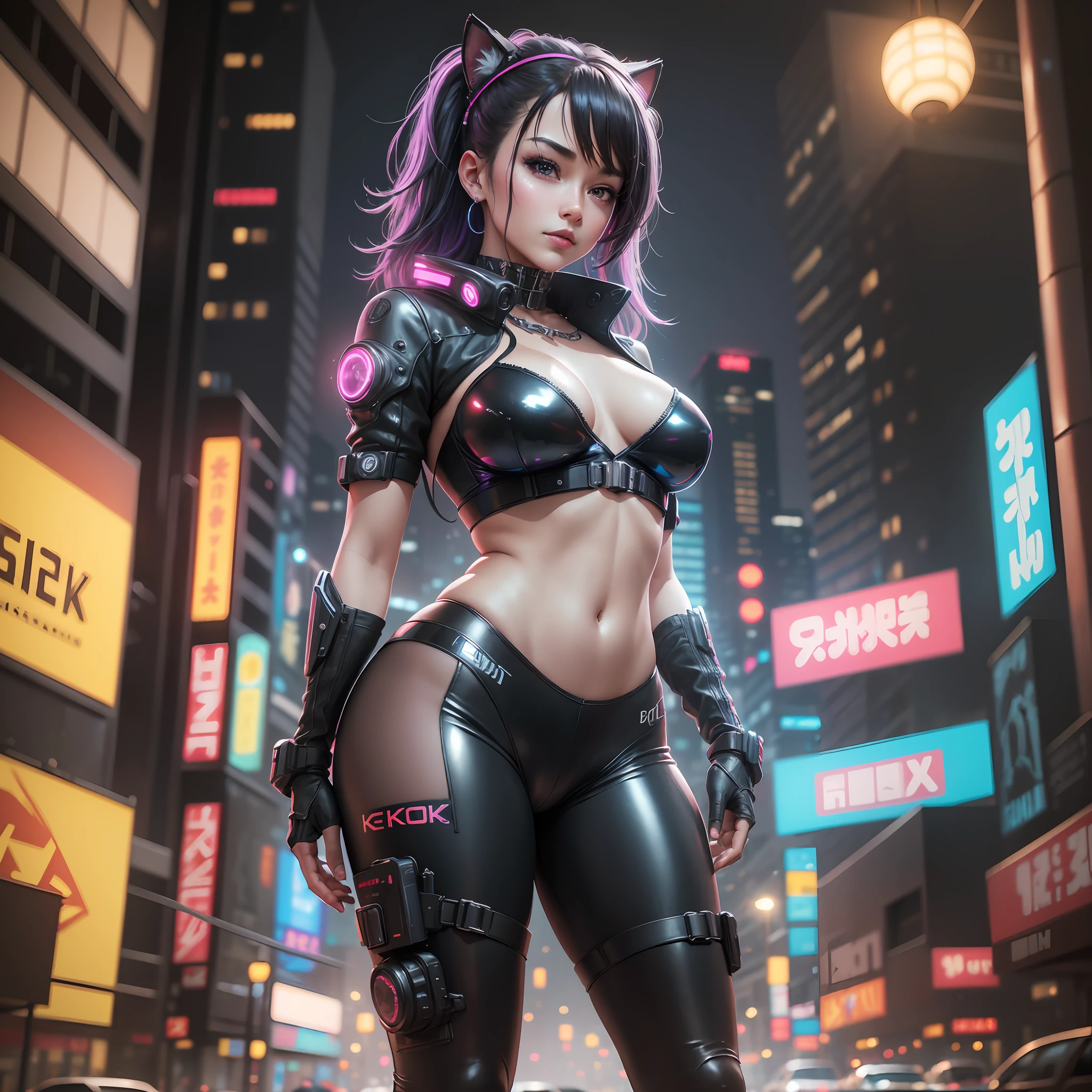 (8K, RAW photo, best quality, masterpiece: 1.2), (realistic, photorealistic: 1.37), (Kpop idol), (aegyo sal: 1), cute, professional lighting, photon mapping, radiosity, physics-based Rendering, Cosplay, Lucy (Cyberpunk), Bobcat, Mechanical Parts, Gray Eyes, Black Tight Suit, Cyberpunk City Black Pants, Night, Neon Lights, Sexy, Smoke, Looking at Viewer, 8K High Definition, 8K, CG Wallpaper , realistic background, clear background, medium breasts, full body --auto --s2