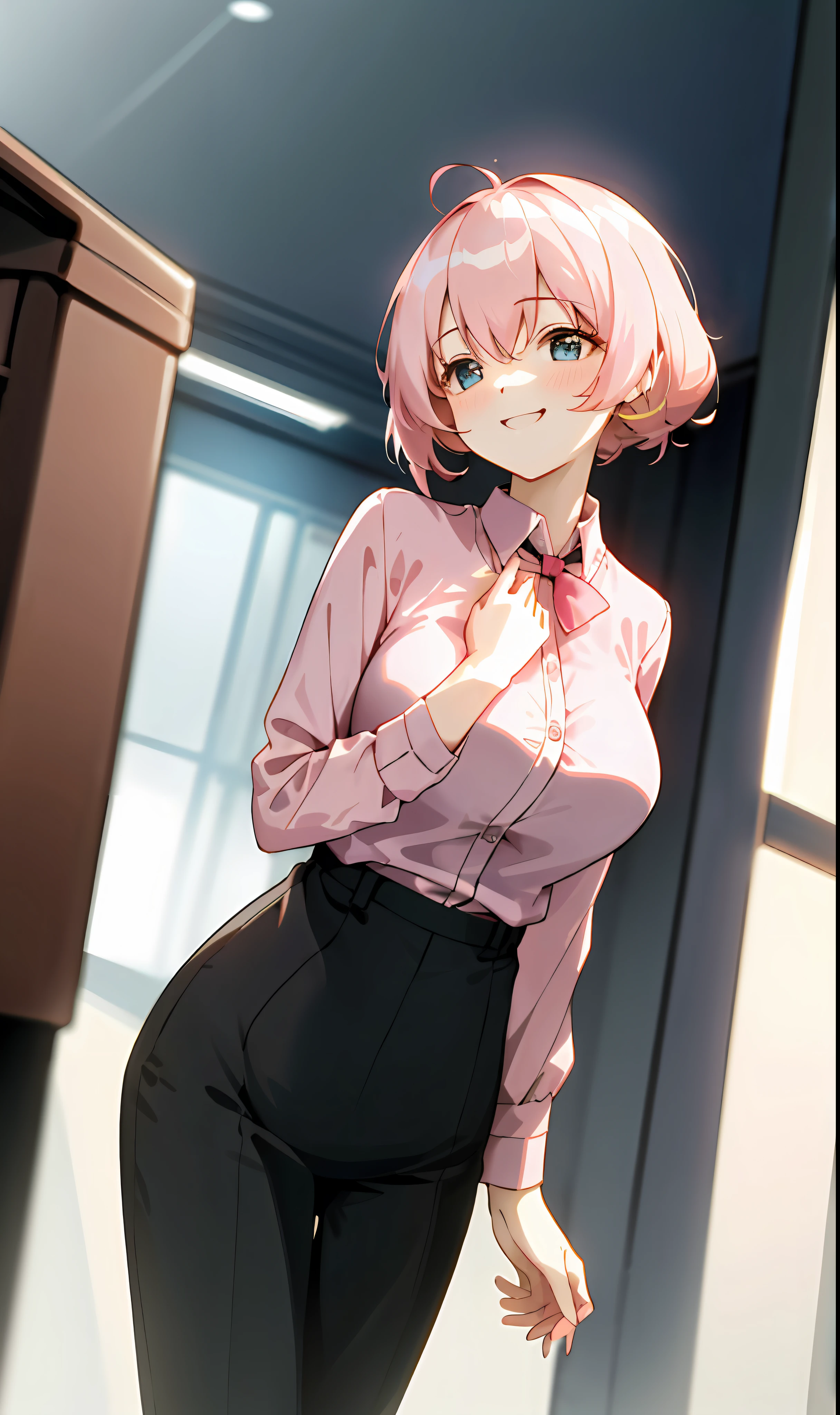 ((masterpiece, best)),(1girl),((mature woman)), light pink hair, dizzy, trumpet, ((office lady)), bangs, mid-chest, (full), slim, smiling, [wide hips] ,office,standing, aru \(blue archive\),