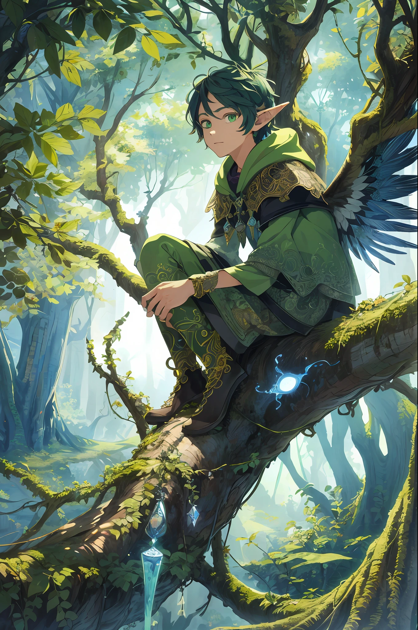 absurd, high resolution, super detailed, official art, unified 8k wallpaper, super detailed, beautiful and aesthetic, masterpiece, best quality, (zentangle, forest, vine, tangled, entangled), (fractal art: 1.3), realistic, (masterpiece, top quality, best quality, official art, beauty and aesthetics: 1.2), very detailed, fractal art, colorful, most detailed, zentangle, (abstract background: 1.5) (1boy: 1.3), gods, elf ears, wings (glowing green eyes), mysterious, (magic), (sitting on a huge tree))