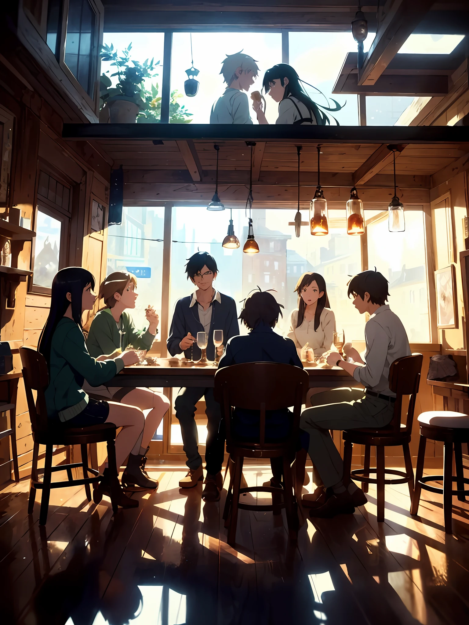 In the tavern, several young people toast and celebrate, (close-up of clinking glasses), very tense and dramatic images, moving visuals, hanging North Star, colorful natural light. Pixiv, concept art, lofi art style, reflection. by Makoto Shinkai, Lofi Art, Beautiful anime scene, Style of Makoto Shinkai, enhanced details