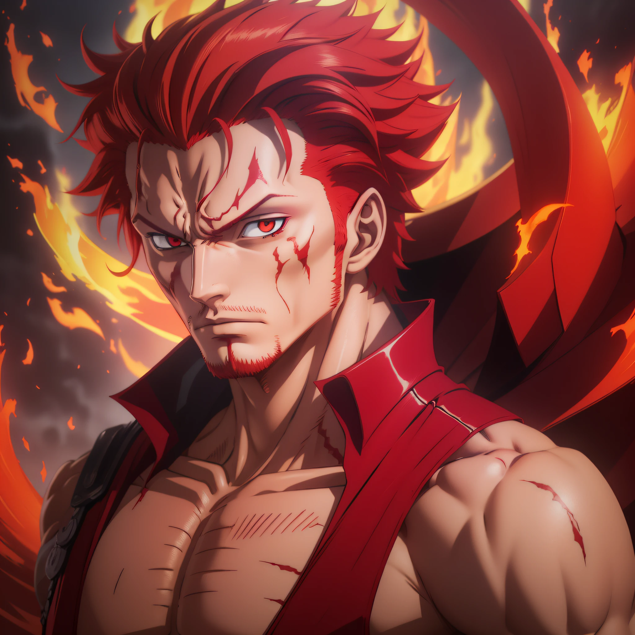 Character Name: Zoran, he has reddish red hair, fire-colored eyes, medium physique, serious appearance.