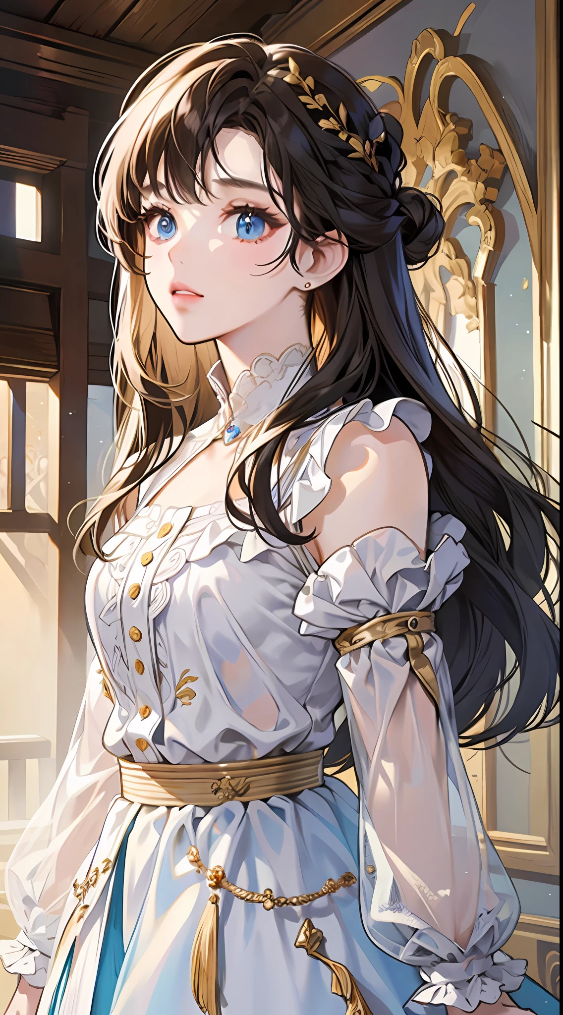 (Ridiculous, high resolution, super detailed), 1girl, brunette hair, long hair, blunt bangs, blue eyes, short white skirt, fine eyes and detailed face, extremely detailed CG unity 8k wallpaper, BREAK, visual narrative, (no background), looking at the camera, standing painting, (half-body) (eye focus).