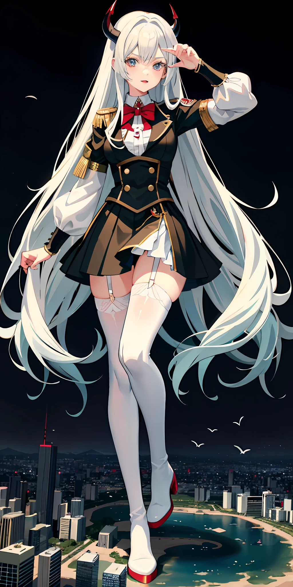 Anime characters wearing uniforms and caps, demon anime girls, vampire girls, anime moe art style, detailed anime character art, white long hair, white shirt, white stockings, high heeled boots, black short skirt ,city ,wine cups, caps ,blood,giantess