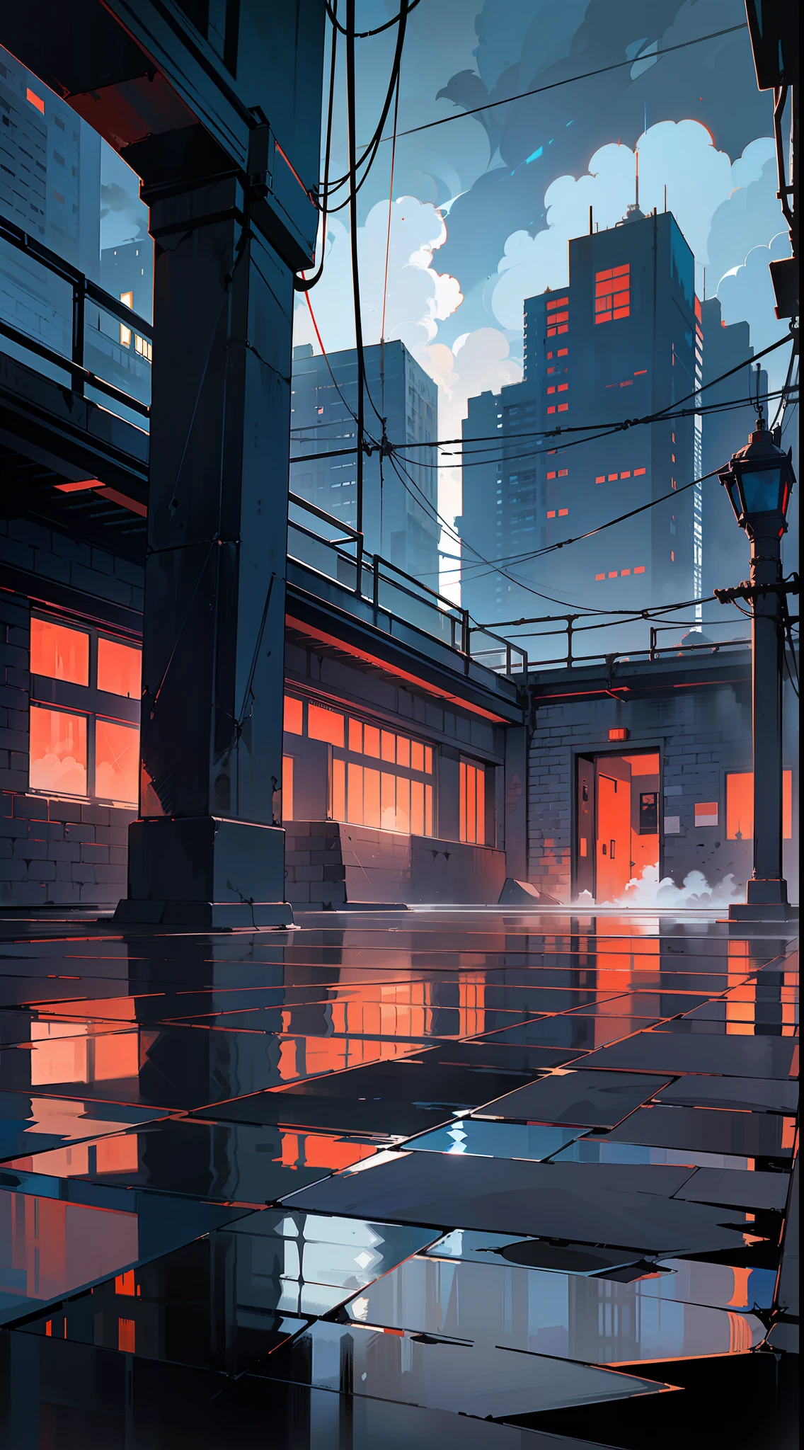 (masterpiece), (symmetrical framing),(low horizon line), (very dark environment),(suspense feeling),(very contrasting shadows),(main color: blue-gray),(secondary color:clay red),(modern buildings of gray cement), image of an abandoned western-style subway exterior landscape of the 80s, red brick wall, graffiti on the walls, cracks, metal cabin, shiny sheets, small puddle of water reflecting the surroundings, lots of dirt on the ground, wiring, the dark silhouette of a city in the background, ((very dark closed night)), ((dense fog)), volume smoke, dim yellow bulb light, ((cloudy night sky)), reflection of yellowish city light in the clouds, pollution
