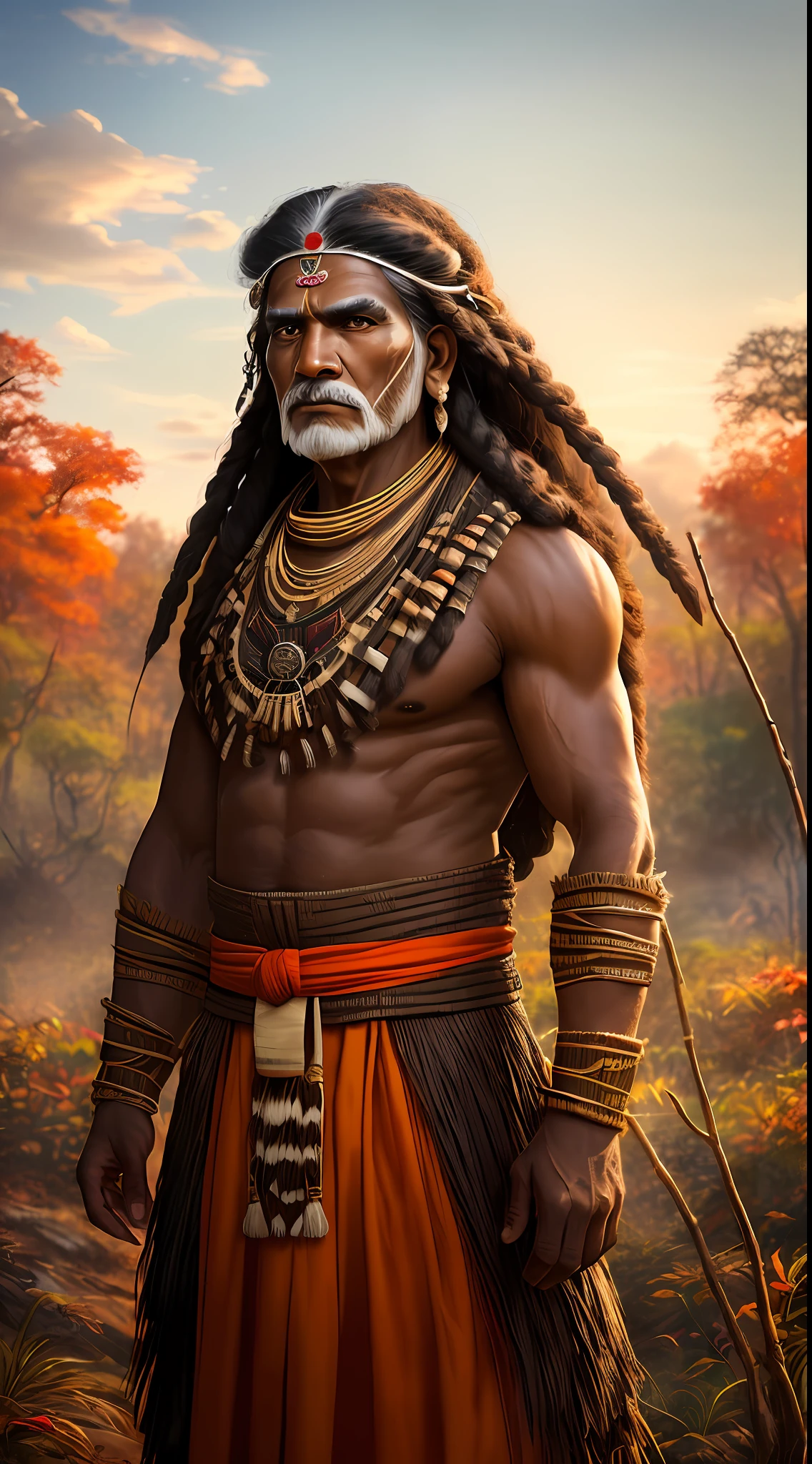 (extremely detailed CG 8k wallpaper unit, masterpiece, best quality, ultra-detailed), (better lighting, better shadow, an extremely delicate and beautiful), floating,

[(dynamic angle,((150-year-old man)), A 50-year-old Brazilian Indian, with brown skin and striking features, displays a deep wisdom in his tired eyes. Dressed in traditional costumes, it proudly displays its cultural roots. His rooted and serene posture reveals an intimate connection with nature and a deep respect for ancestral teachings. black, fierce expression, detailed and realistic brown eyes, headdress and Amazon Indian clothes, brown war paint on the face, dirt and scratches on the skin and clothing, branches and twigs in the background, medium shot, looking at camera): :0.9],

[ :(colorful forest, depth of field, leaves and grass, dirt and mud on the ground, red and orange leaves scattered around, dramatic clouds in the sky)]