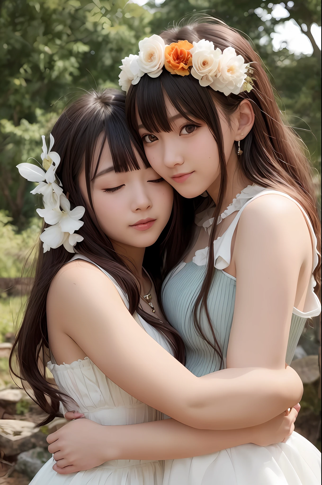 two female anime characters that hug each other in the forest in front of trees, multiple girls, dress, smile, 2girls, open mouth, gloves, braid, earrings, white dress, jewelry, one eye closed, hair flower, hair ornament, white gloves, hug, long hair, flower, elbow gloves, red eyes, looking at viewer, bangs, brown hair, blush, bow, yellow eyes, bare shoulders, black hair, blurry background, ;d, blurry