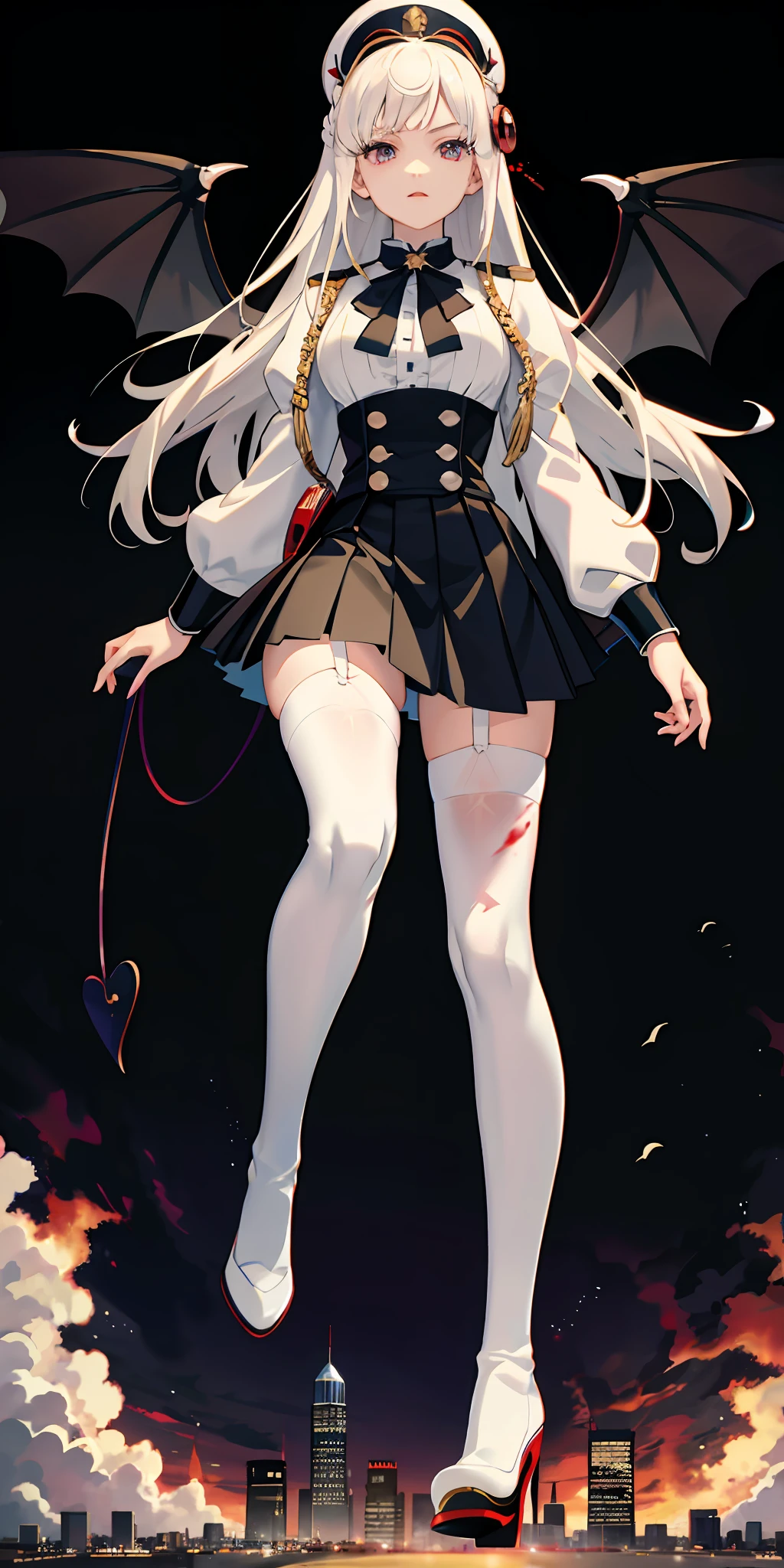 Anime characters wearing uniforms and caps, demon anime girls, vampire girls, anime moe art style, detailed anime character art, white long hair, white shirt, white stockings, high heeled boots, black short skirt ,city ,wine cups, caps ,blood,giantess