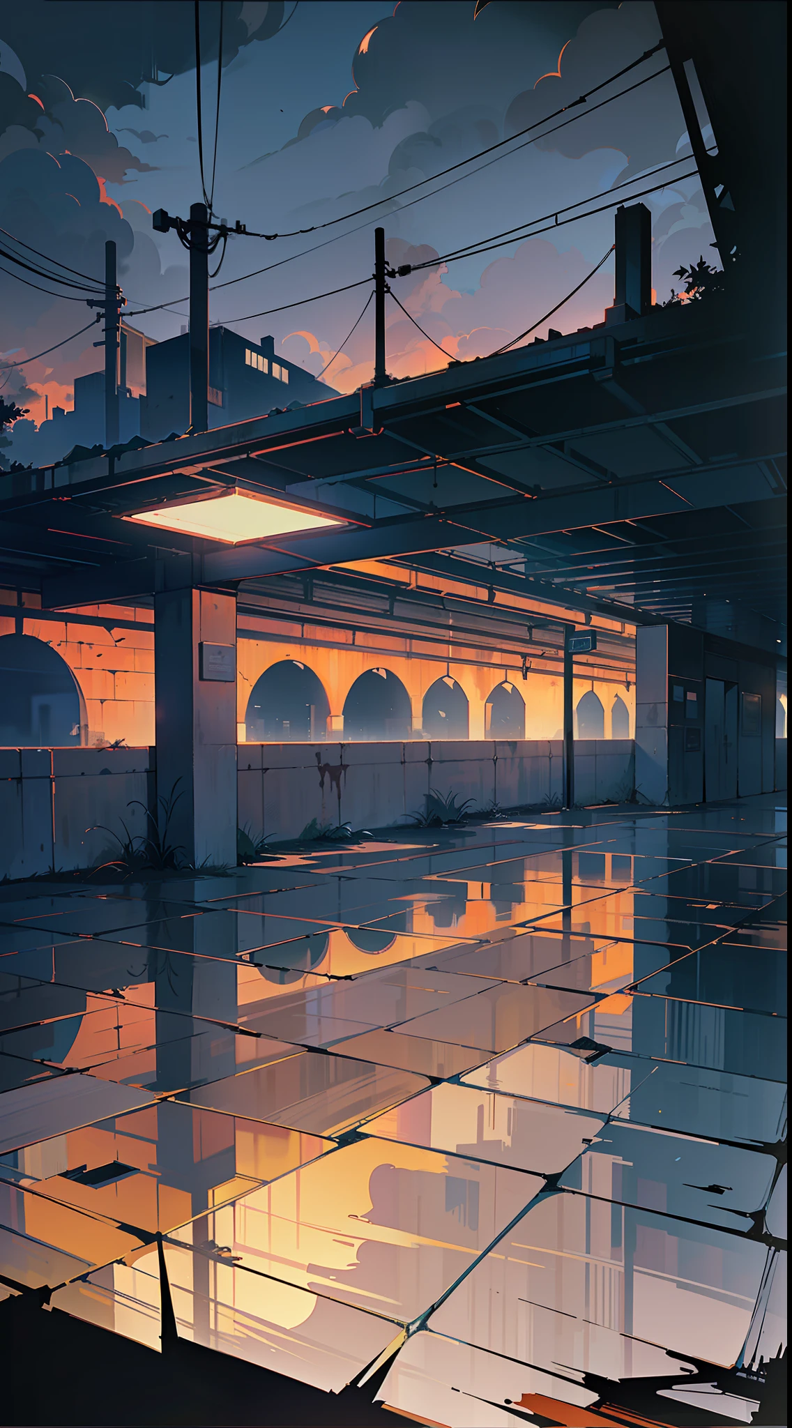 (masterpiece), (symmetrical framing),(low horizon line), (very dark environment),(suspense feeling),(very contrasting shadows),(main color: blue-gray),(secondary color:clay red),(modern buildings of gray cement), image of an abandoned western-style subway exterior landscape of the 80s, red brick wall, graffiti on the walls, cracks, metal cabin, shiny sheets, small puddle of water reflecting the surroundings, lots of dirt on the ground, wiring, the dark silhouette of a city in the background, ((very dark closed night)), ((dense fog)), volume smoke, dim yellow bulb light, ((cloudy night sky)), reflection of yellowish city light in the clouds, pollution