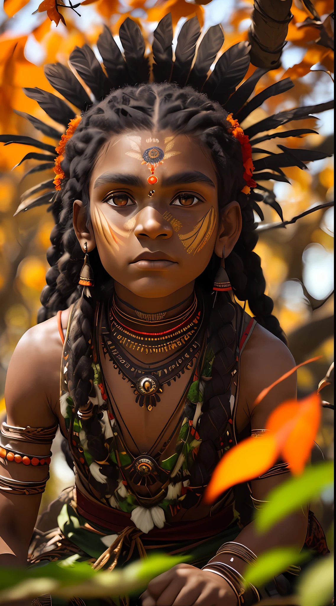 (extremely detailed CG 8k wallpaper unit, masterpiece, best quality, ultra-detailed), (better lighting, better shadow, an extremely delicate and beautiful), floating,

[(dynamic angle,((150-year-old man)), A 50-year-old Brazilian Indian, with brown skin and striking features, displays a deep wisdom in his tired eyes. Dressed in traditional costumes, it proudly displays its cultural roots. His rooted and serene posture reveals an intimate connection with nature and a deep respect for ancestral teachings. black, fierce expression, detailed and realistic brown eyes, headdress and Amazon Indian clothes, brown war paint on the face, dirt and scratches on the skin and clothing, branches and twigs in the background, medium shot, looking at camera): :0.9],

[ :(colorful forest, depth of field, leaves and grass, dirt and mud on the ground, red and orange leaves scattered around, dramatic clouds in the sky)]