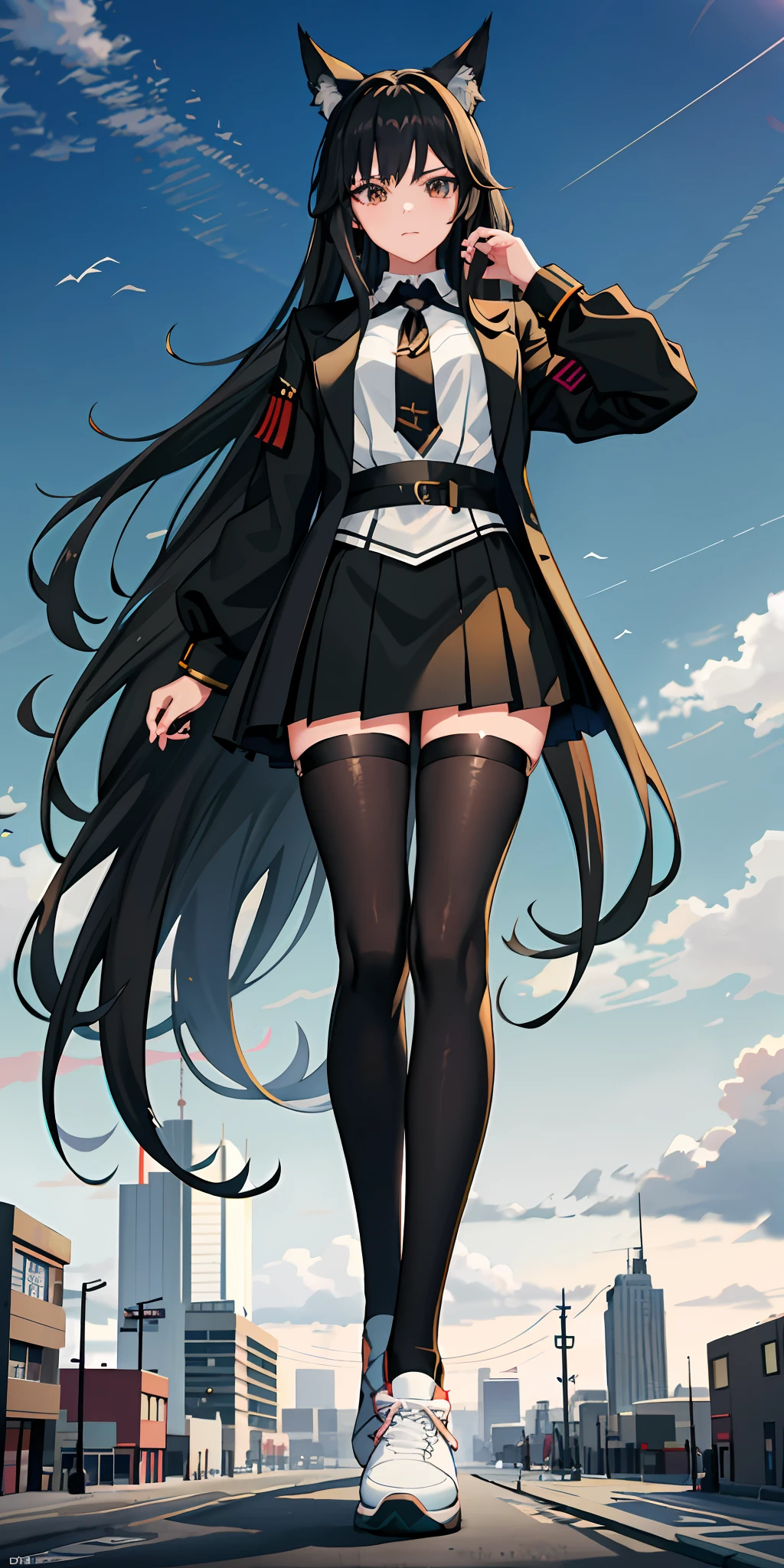 Anime girl with long black hair and black coat, tie, wolf girl, shoujo, from arknights, cool anime shoujo, 2D anime style, anime girl with anime horn ears, black stockings, white sneakers, white shirts, mafia ,city,giantess
