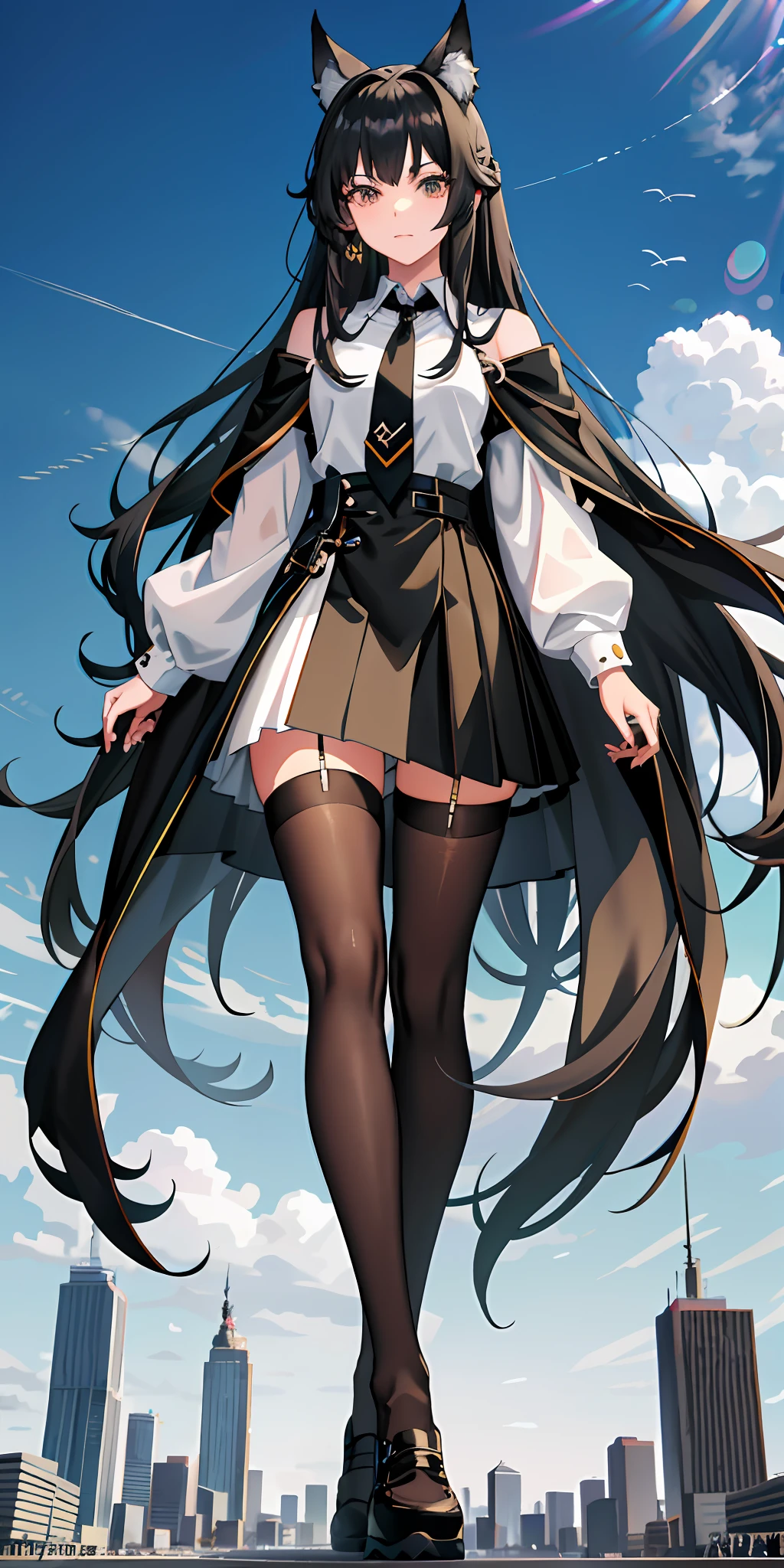 Anime girl with long black hair and black coat, tie, wolf girl, shoujo, from arknights, cool anime shoujo, 2D anime style, anime girl with anime horn ears, black stockings, white sneakers, white shirts, mafia ,city，giantess
