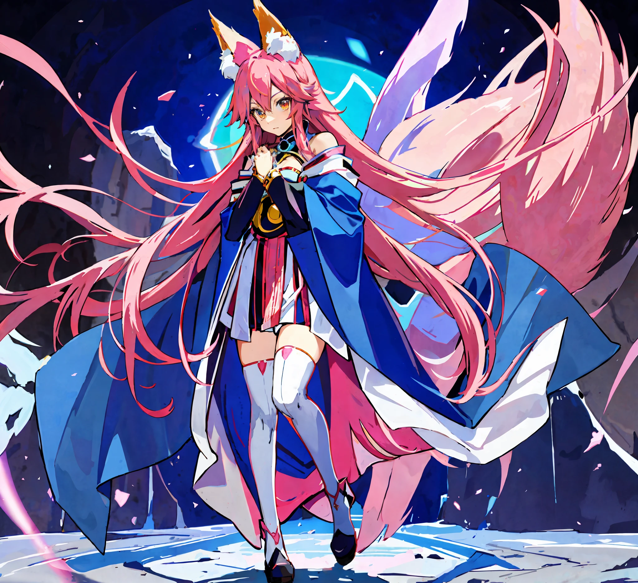 Anime characters with blue cape and pink hair, gear aurora, anime girl, single,lively, humanoid pink long hair, fox girl, fox ears, putika pose, protagonist, white dress, white stockings, boots