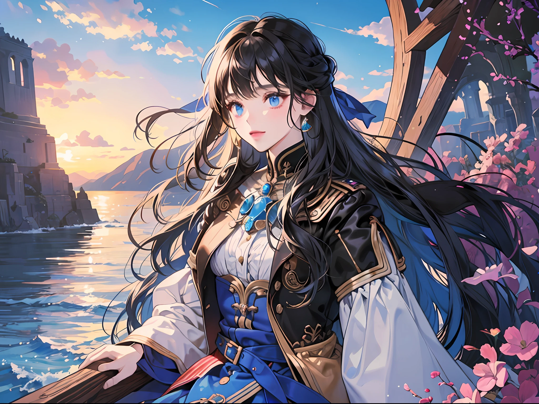 (High resolution, super detailed), 1girl, black hair, long hair, blunt bangs, blue eyes, short white skirt, fine eyes and detailed face, extremely detailed CG unity, 8k wallpaper, BREAK, looking at the camera, blue sea, azure water, sea and sky color, (aesthetic), dusk, visual feast, dream