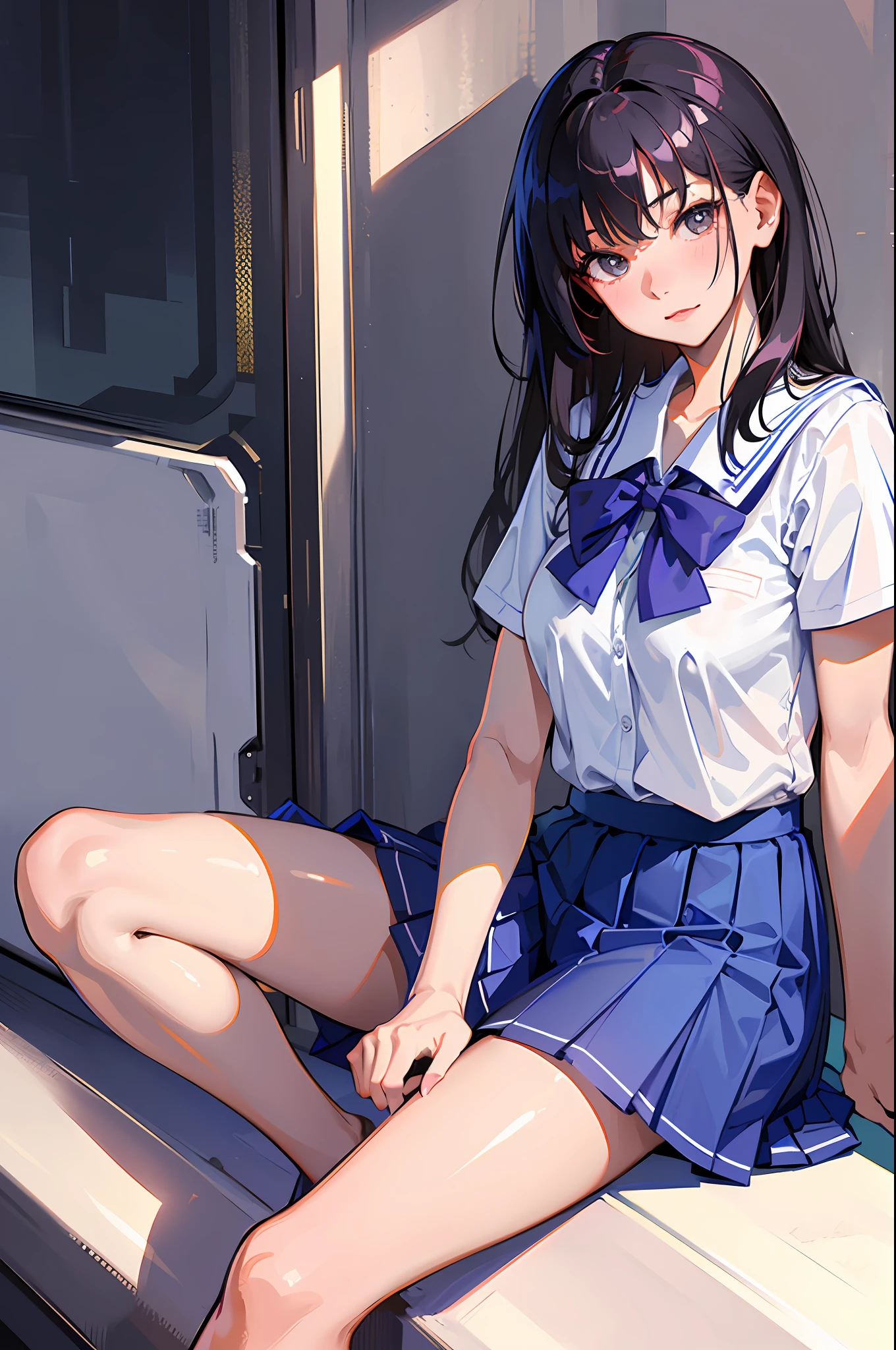 High angle shot, arafed asian woman in a short skirt and bow tie sitting on a train, cute schoolgirl, japanese girl school uniform, wearing japanese school uniform, japanese school uniform, a hyperrealistic schoolgirl, dressed as schoolgirl, hyperrealistic schoolgirl, wearing school uniform, realistic schoolgirl, girl wearing uniform, wearing a school uniform, of a schoolgirl posing, full body, nice skin, glowing skin, nice thighs,glowing thigh, glowing legs, barefoot