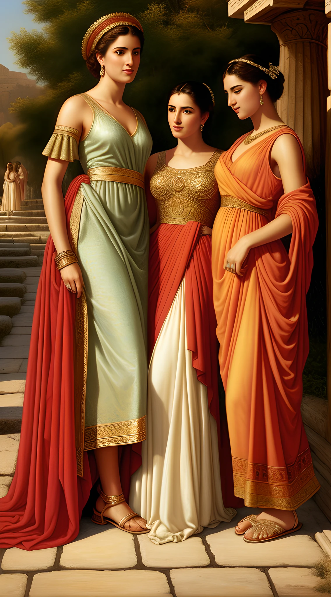 (masterpiece, 8K, UHD, oil painting, photo-realistic:1.3, by Greg Rutkowski), ancient Greek road, (late sunset:1.2), warm golden hues, vibrant atmosphere, three beautiful women, (short ancient Greek dresses:1.2) and (ancient sandals:1.2), standing at the sidewalk, flirtatiously engaging with ancient Greek passengers, (party-mile atmosphere:1.2), laughter in the air, ancient Greek era, realistic style, intricate details, capturing the allure and playfulness of the scene.