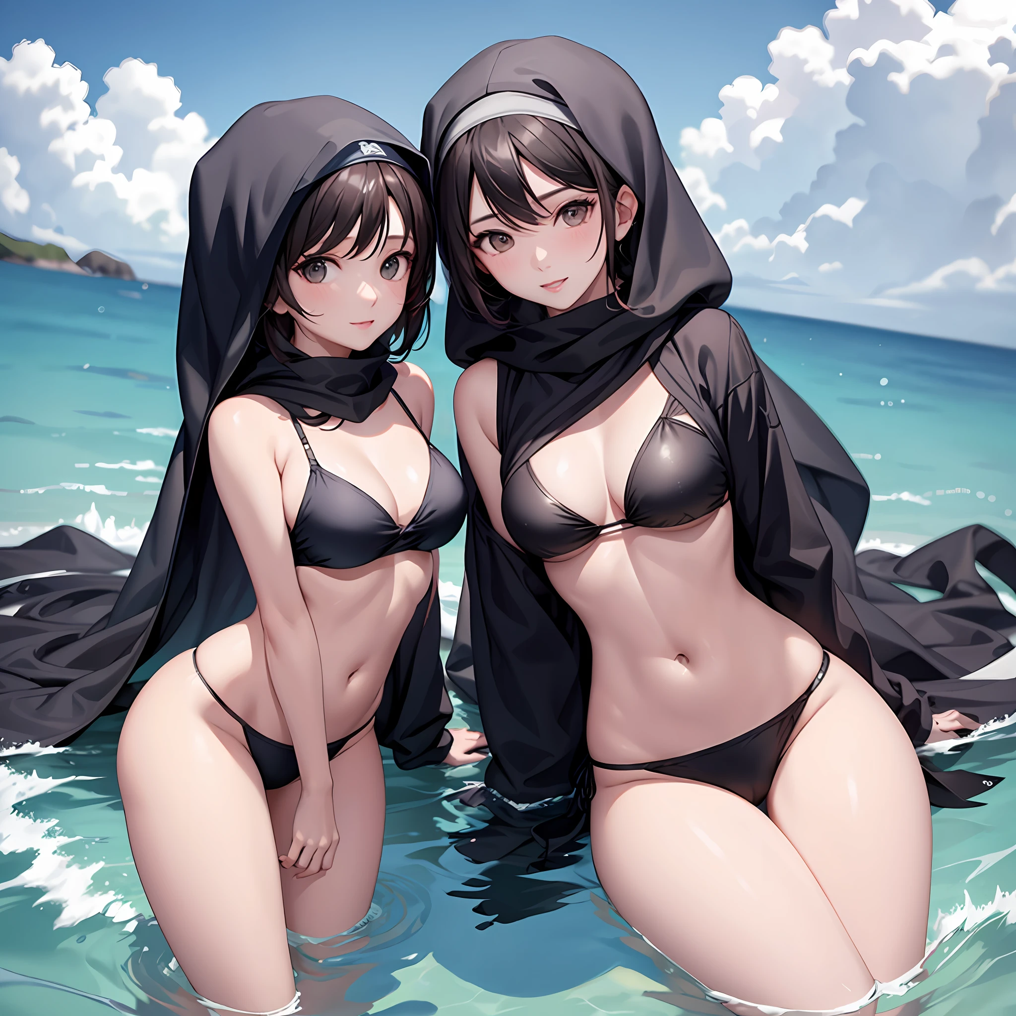 2 girl, hijab style,  black,