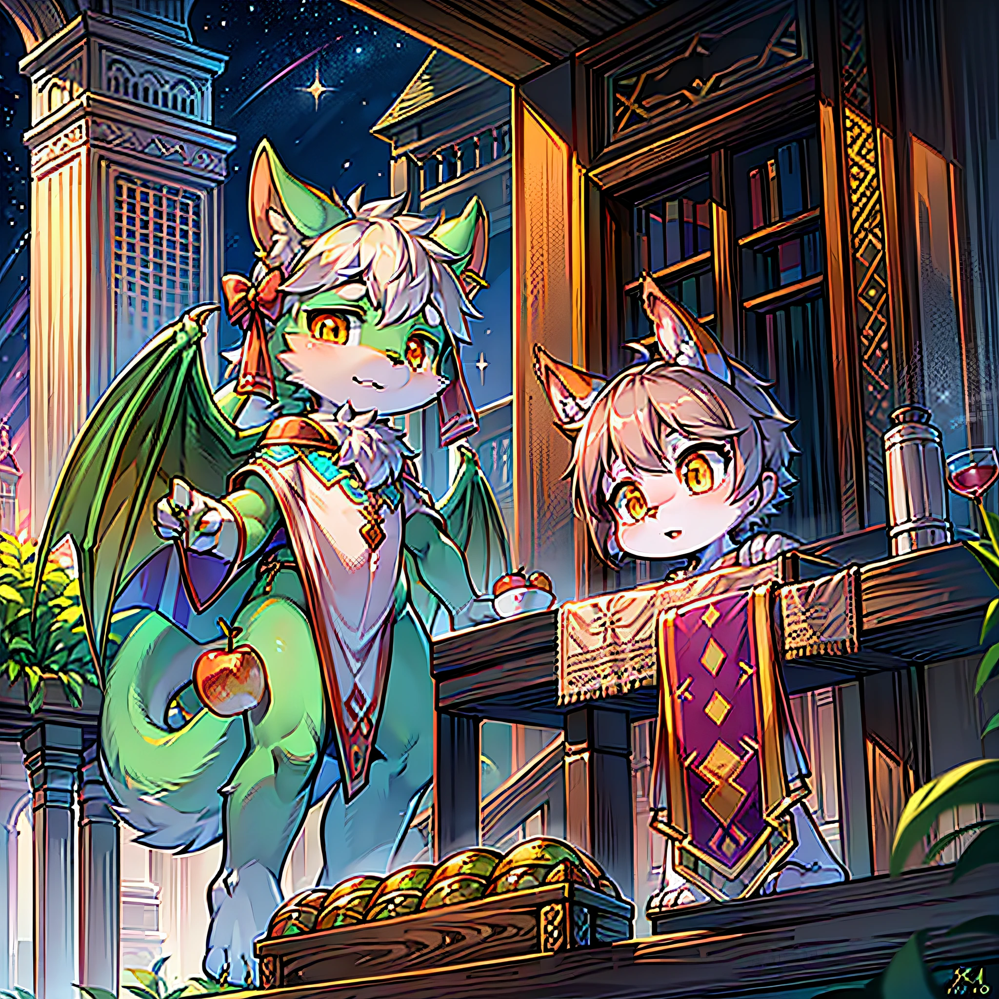 Bright environment, high quality, fine details, two characters, standing, [(toddler, dragon, male, animal: 1.6), absurd resolution, digital painting \ (artwork), (dragon, fluffy fur, character focus: 1.4), short hair, (bright eyes, left eye orange, right eye apple green: 1.5), (short dragon horn: 1.1), panorama, furry, furry neutral focus, (full body fur, furry tail, yellow-green fur, yellow-green eyes, gray hair: 1.5), (Wings: 1.2), (Long Dog: 1.0), Martial Artist, (Long Dog: 1.3), (Face Detail, Ear Detail, Foot Detail, Hand Detail: 1.4), (Cute: 1.3): 1.0], [(Toddler, Dragon, Female, Animals: 1.6), Absurd Res, Digital Painting (artwork), (Dragon, Fluffy Fur, Character Focus: 1.2), Short Hair, (Bright Eyes, Orange Left Eye, Apple Green Right Eye: 1.5), (Short Dragon Horn: 1.4), Panorama, Furry, (Full Body Fur, Furry Tail, Orange Fur, Orange Eyes, Gray Hair: 1.4), (Wings: 1.3), (Long Dog: 1.0), (Archer: 1.4), (Bow: 1.6), (Facial Detail, Ear Detail, Foot Detail, Hand Detail: 1.4), Cute: 1.0], (Tower of God, Blue Tower, Purple, Blue, Purple Sky, Starry Sky, Civilization, Order: 1.4)