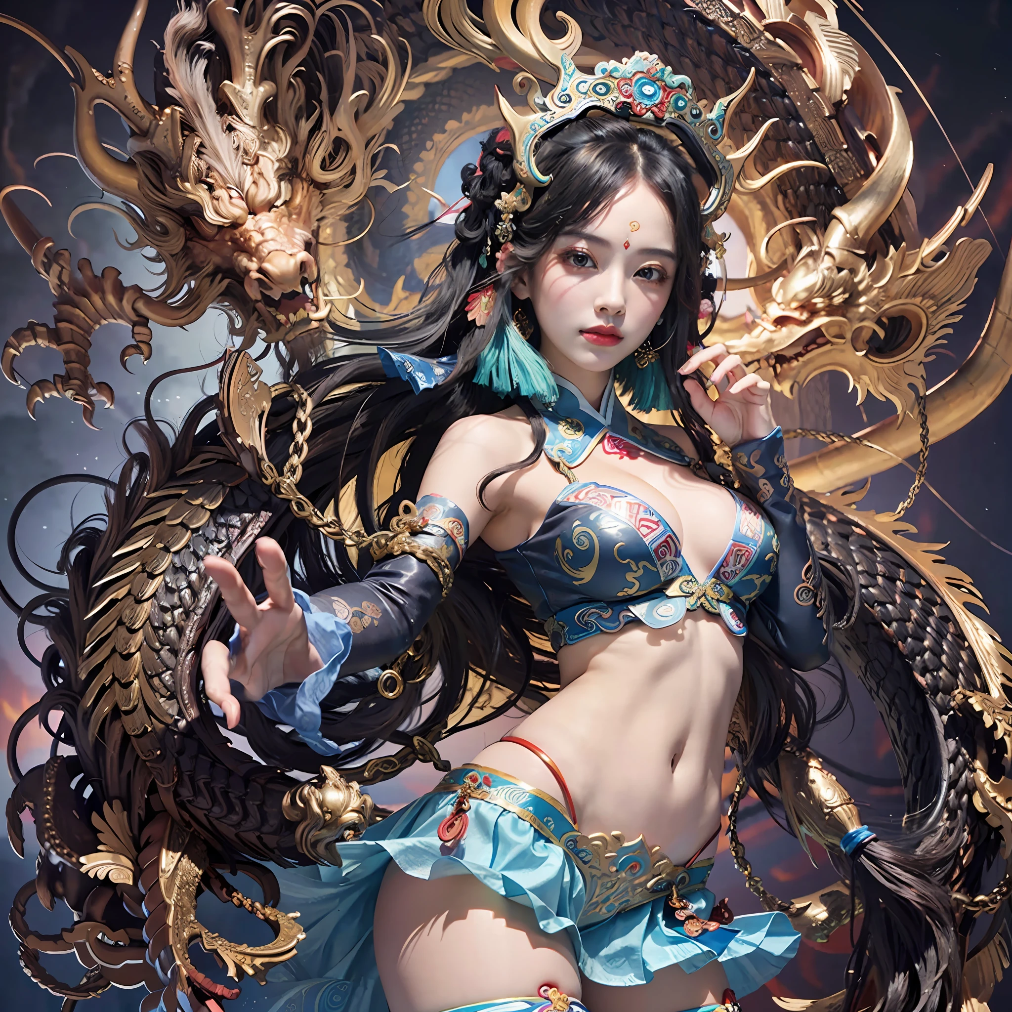 Official Art, Unified 16k Wallpaper, Ultra Detailed, Beautiful and Aesthetic, Masterpiece, Best Quality, (Zentangle, Tangle, Entangle), (fractal art: 1.4), 1girl, black hair, Chinese, bare shoulders, short skirt, calf, navel, very detailed, dynamic angle, cowboyshot, (most beautiful form chaos), flowing, (bright colors), oc, (half: 1.2), china, (thangka flying sky: 1.5), (ribbon: 1.3), (dream: 1.5), (hanfu: 1.5), Chinese dragon, Chinese phoenix, (smile: 0.5), (Chinese deity),