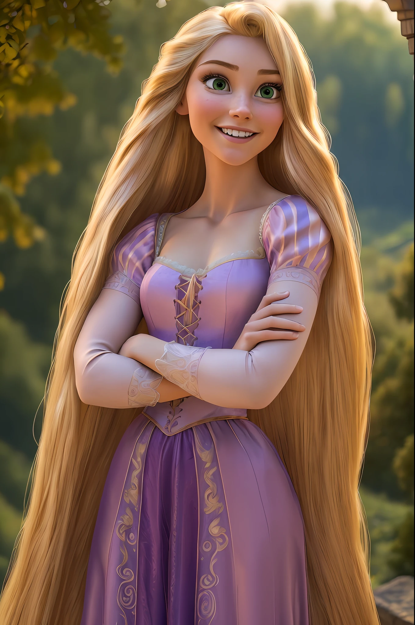 rapunzel, 1girl, solo, long hair, smile, blonde hair, dress, very long hair, green eyes, crossed arms, nude (masterpiece:1.2), (best quality), (ultra detailed), (8k, 4k, intricate),(full-body-shot:1), (highly detailed:1.2),(detailed face:1.2),(detailed background),detailed landscape, (dynamic angle:1.2), (dynamic pose:1.2),