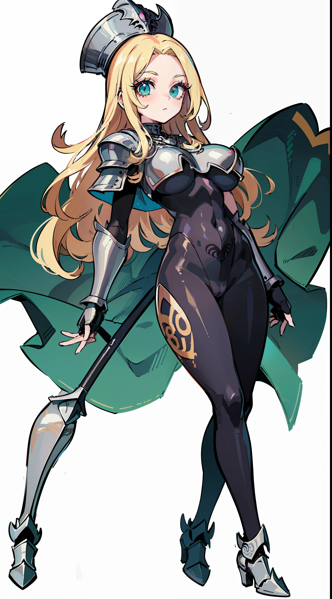 "(masterpiece), best quality,
1girl, (80s anime style:1.5), (eyelashes:1.5),
(intricate high detailed body:1.2),
blonde hair,
(forehead:1.2), (long hair, wavy hair:1.1),
green eyes,
(pale skin:1.2),
(huge breasts:1.2),
naughty face,
(metal body suit, underboob cutout:1.2), (pantyhose:1.3),
(knight armor, armored boots, capelet:1.2),
necklace, holy hat,
standing,
full body,
(simple white background:1.3)"