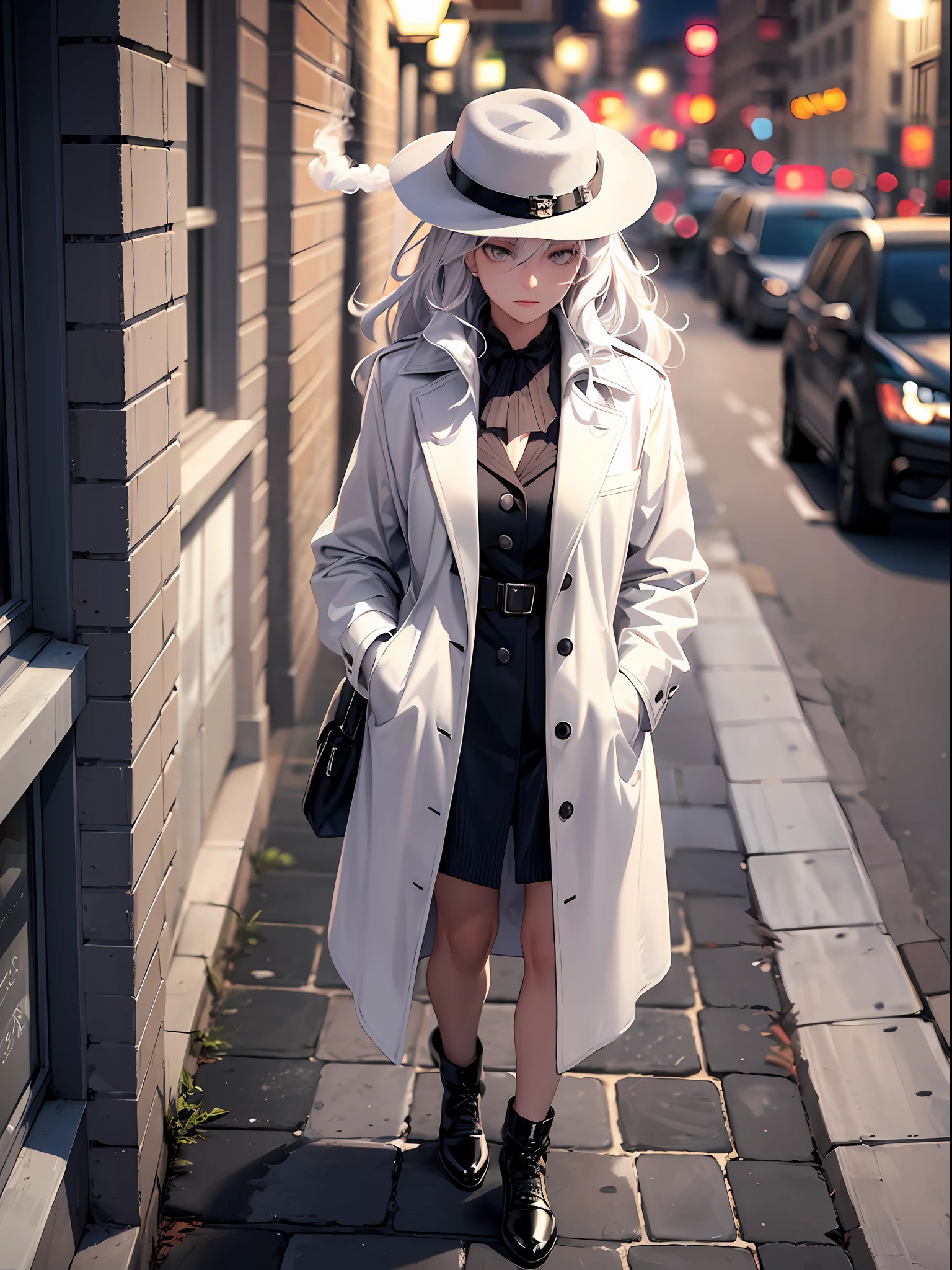 girl, white hair, wavy medium hair, beautiful silver eyes, black pea coat, black hat, smoking cigarette, sharp eyes, outside, full body, at night, from above, looking away