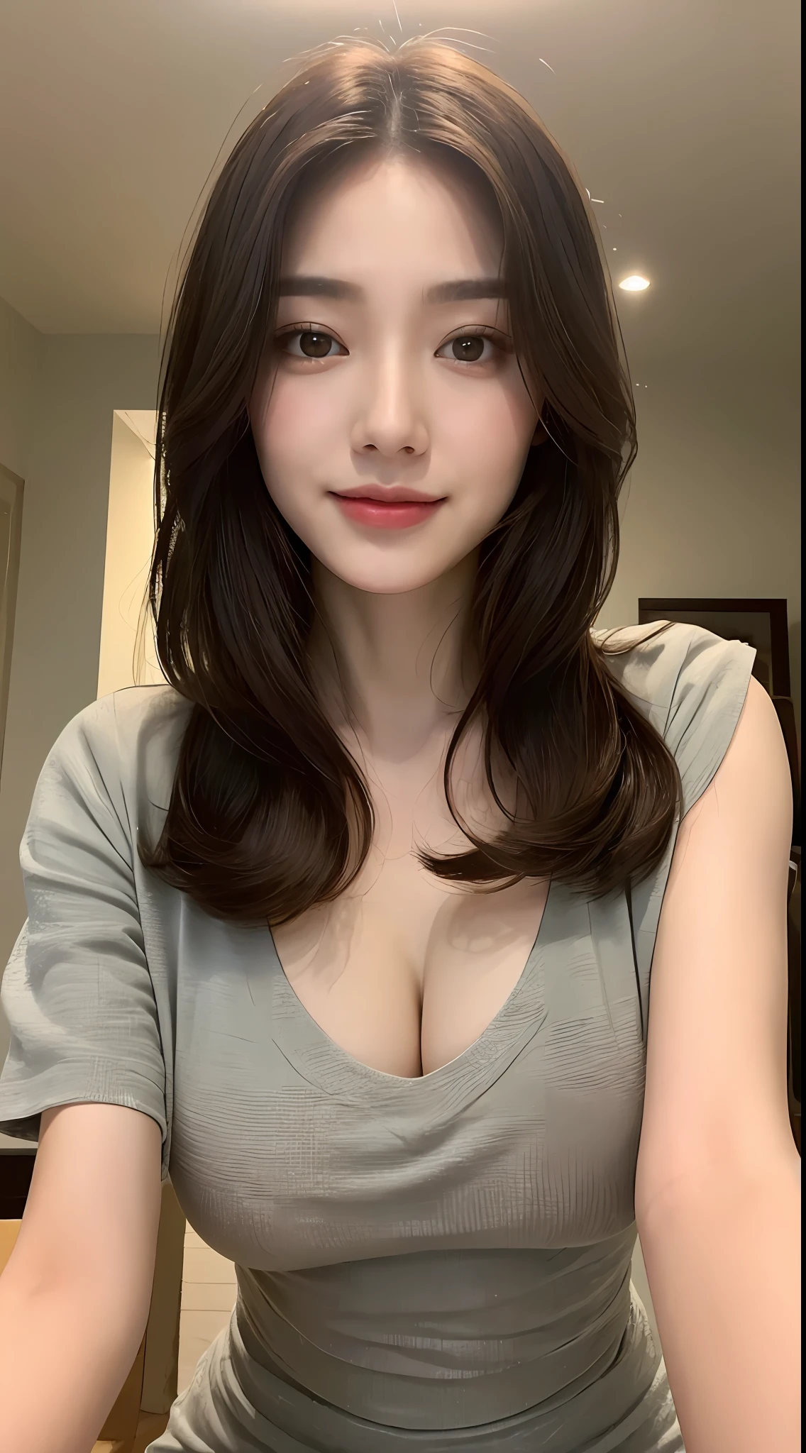 ((Best Quality, 8K, Masterpiece: 1.3)), 1girl, Slim Abs Beauty: 1.3, (Hairstyle Casual, Big Breasts: 1.2), Dress: 1.1, Super Fine Face, Delicate Eyes, Double Eyelids, Smile, Home