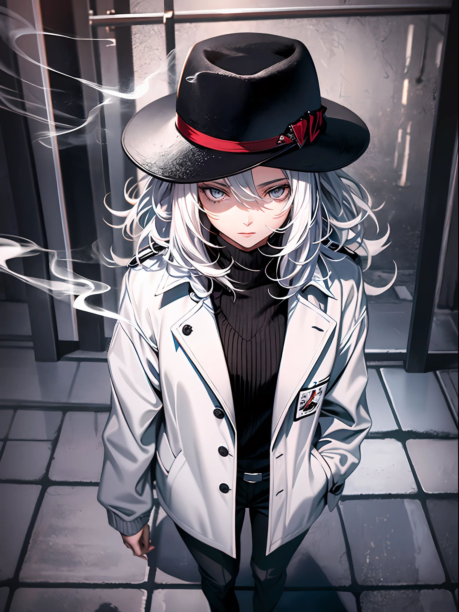 girl, white hair, wavy medium hair, beautiful silver eyes, black pea coat, black hat, smoking cigarette, sharp eyes, outside, full body, at night, from above, looking away