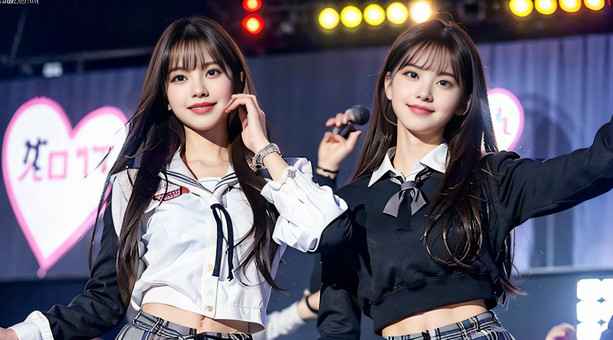 (8k, RAW photos, top quality, masterpiece: 1.2), super detail, super resolution, (photorealistic: 1.4), , high school girl miss con, schoolgirl posing on stage, smile so much that you can see teeth, full body shot, full body photo, high resolution RAW color photo, beautiful and shiny stage light, real light, detailed background of female proofreading miss con 2022, Dancing on stage, swaying skirt, holding a microphone in her right hand, very detailed and beautiful background, super high image quality, 8k wallpaper, amazing details, very fashionable and delicate uniform, very detailed beautiful girl, very detailed face very detailed eyes, very realistic skin, very detailed fingers, very detailed nose, very detailed mouth, perfect anatomy, very detailed background, very detailed clothes, teen, Cute girl, Famous Japan idol, Cute, Realistic body, Slender, White skin, Glowing skin, Slim body, Long straight hair, (Dull bangs:1.2), Realistic face, Delicate eyes, Double eyelids, Sailor suit, red tie, pink eye shadow, (((Hair is fluttering every time a high school girl dances)), Celebrity-level cuteness, Modern female proofreading, ( Heart mark under the eye wo) (Cute pose)