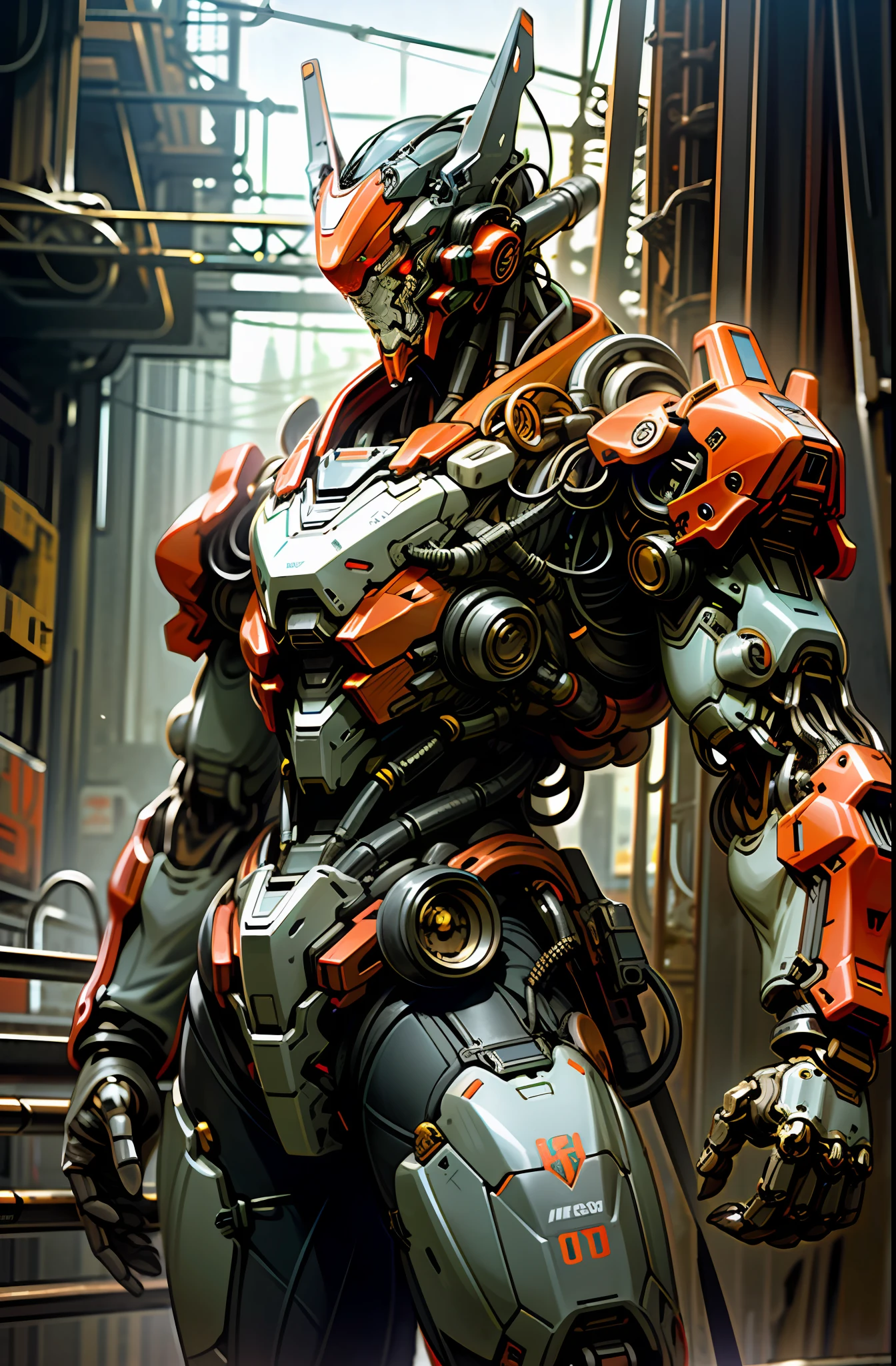Dark_Fantasy,Cyberpunk,(chain saw,chain saw man,Red:1.1),1man,Mechanical marvel,Robotic presence,Cybernetic guardian, wearing a worn-out mech suit, intricate, (steel metal [rusty]), elegant, clear focus, shot by greg rutkowski, soft lighting, vibrant colors, masterpiece, ((street)), cowboy shot, dynamic pose,