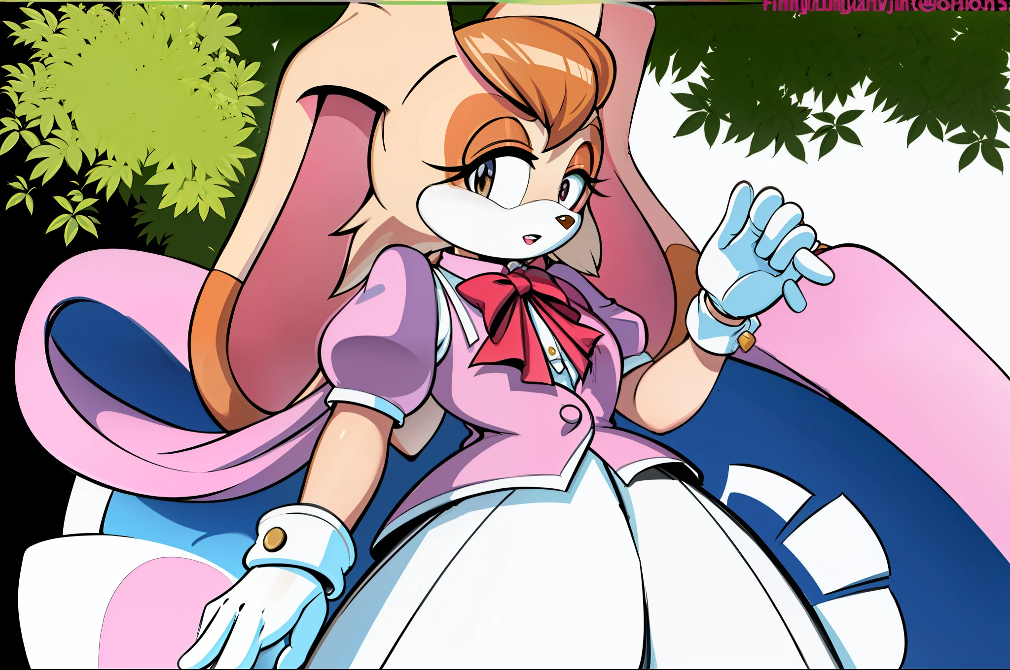 best quality, masterpiece, solo, 1girl, vanillatherabbit, (animal nose), puffy sleeves, skirt, vest, gloves, looking at the viewer,
