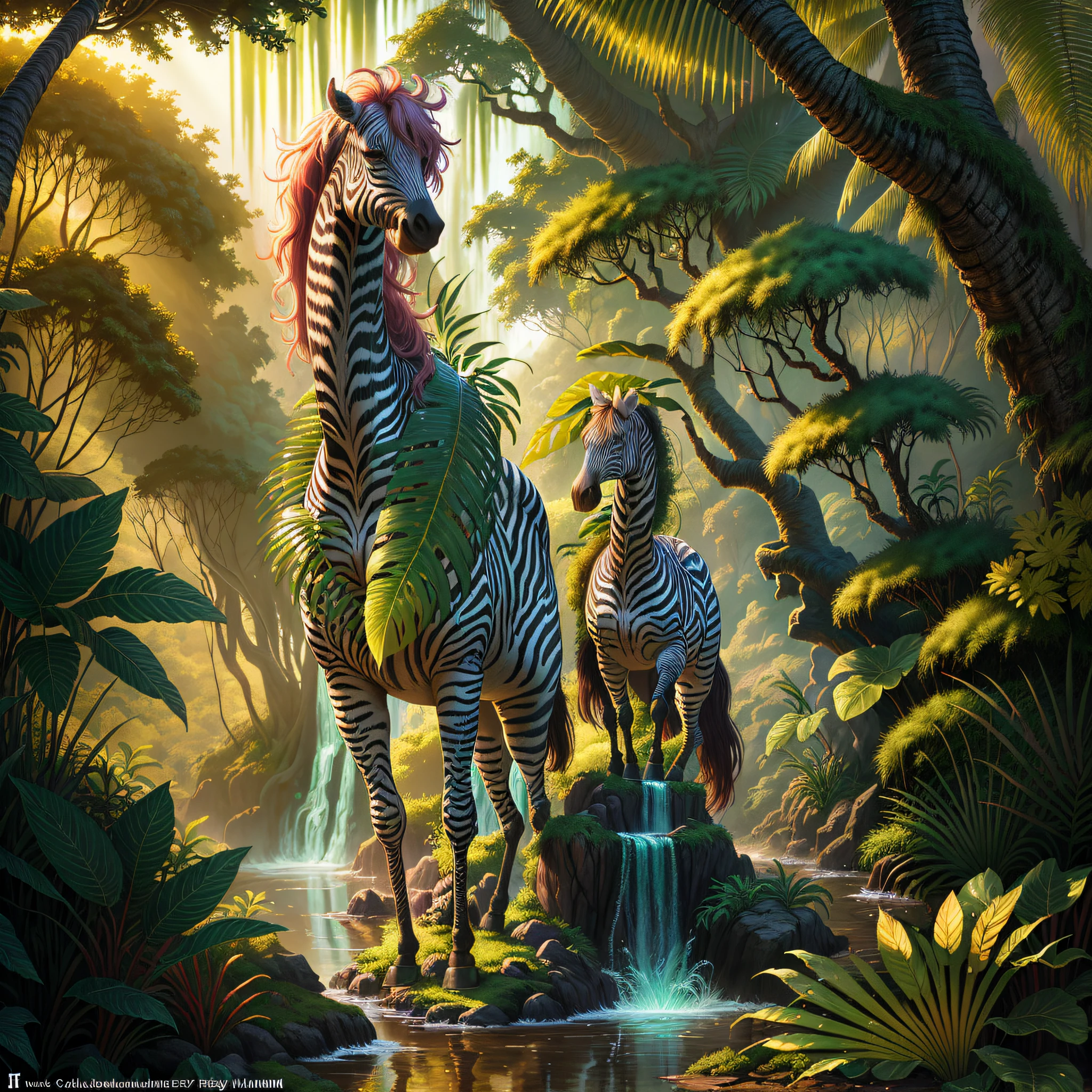 In a mountainous dense tropical jungle, towering trees, hidden fairy gnomes, a winged zebra and flamingos in a dense jungle, dense tropical jungle, lush palm trees, wet foliage after heavy rain, sunsets shining through the leaves of the trees, beautiful digital artworks, surreal hybrid animals, Beeple and James Jean, Beeple and Tim Hildebrandt, digital fantasy illustration, highly detailed digital painting, stunning digital illustration, award-winning painting, highly detailed digital art, beautiful digital illustration, artstation, artstation trend, cinematic lighting and HDR on stage IA, chromatic aberration, depth of field, intricate, bokeh, trend in CGsociety, dramatic, axis of the sun, masterpiece, (masterpiece, best quality : 1.2), 1time of heavy rain, creating a mystical situation of enchantment, zebra standing on a rock in a tropical jungle with a waterfall, fantasy jungle, lush oasis, mysterious jungle painting, beautiful jungle, magical jungle, highly detailed digital art 4k, detailed digital art 4k, jungle landscape, artistic fantasy painting, inspired by Christophe Vacher, behance fantasy art, by Kerembeyit, silvain sarrailh
