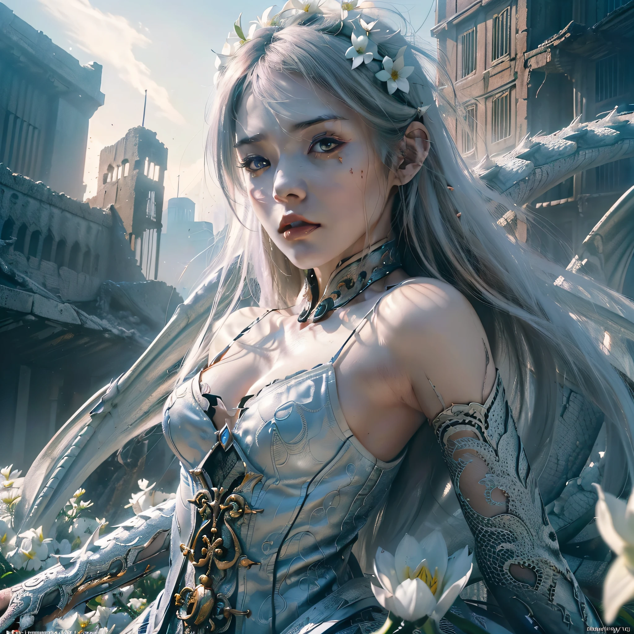 (very detailed CG unity 8k wallpaper), (masterpiece), (best quality: 1.2), (high resolution), (illustration: 1.1), (movie lights: 1.1), fine, intricate details, (best illustration), 8k resolution, intricate details, best quality, realistic, ultra detailed, best lighting, best shadows, ultra hd, cryengine, ultra hd, (detailed reflections), detailed shadows , (((intricate details))), smooth, ((perfect shading)), high-quality metallic texture, metallic luster, highly detailed illustration, (semi realistic:1.6), (wide_shot:1.2), ( from below, dutch_angle), dutch angle, ((cowboy shot)), (beautiful detailed eyes :1.1), beautiful detailed eyes: 1.1, (realistic body: 1.2), looking at the audience, (a girl holding a white Giant dragon, surrounded by white flowers.:1.6), (with disheveled hair), (holding left hand\[prepare a sword[light skin]], (blood dripping all over body:1.1), paintbrush, (glowing eyes\[ Rubik&#39;s cube in the eyes [color yellow]), long silver hair, hair between the eyes, sigma 135mm lens, amaryllis around, (((face to face: 1.6))), complex background, dynamic camera angle, blood rain behind , (war zone), (((high quality detailed ruins))), (depth of field), ((cinematic lighting)), ((horror)), ((dark fantasy)), lovecraftian, spot color, monotone, Red, blood splatter, (best illumination), (hyper intricate details), ((ultra-detailed)), 4k unity , (extremely detailed CG:1.2), (8k:1.1), ((landscape)), Artstation, ((by sui ishida, by Wenjun Lin, by stefan morrell)), dystopian art, apocalyptic art, ((semi-realism), (realism), (dynamic), (nixeu_basic2:0.5)