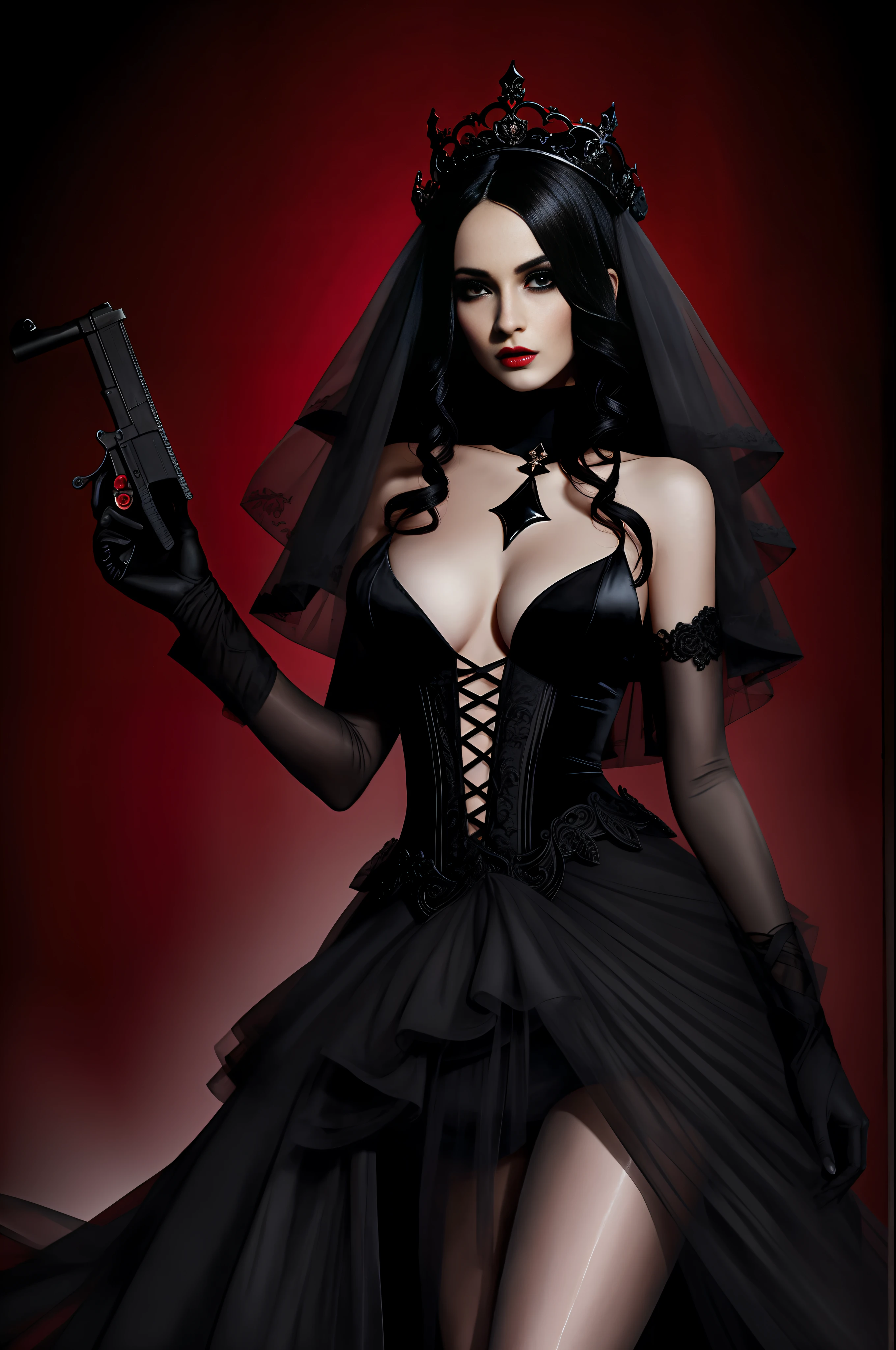 A woman in a black sexy wedding dress, holding a gun, beautiful succubus, dark gothic queen