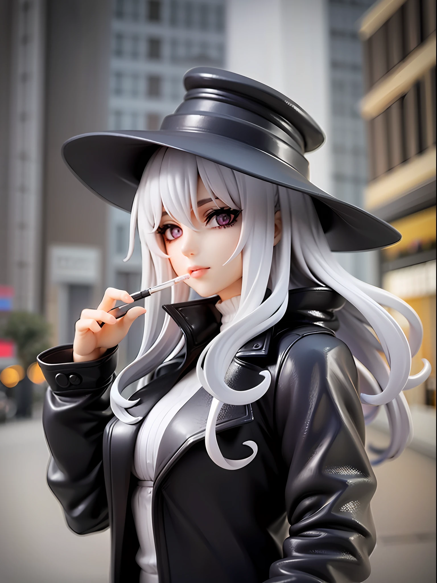 girl, white hair, wavy medium hair, beautiful silver eyes, black trench coat, black hat, smoking cigarette, sharp eyes, outside, at night