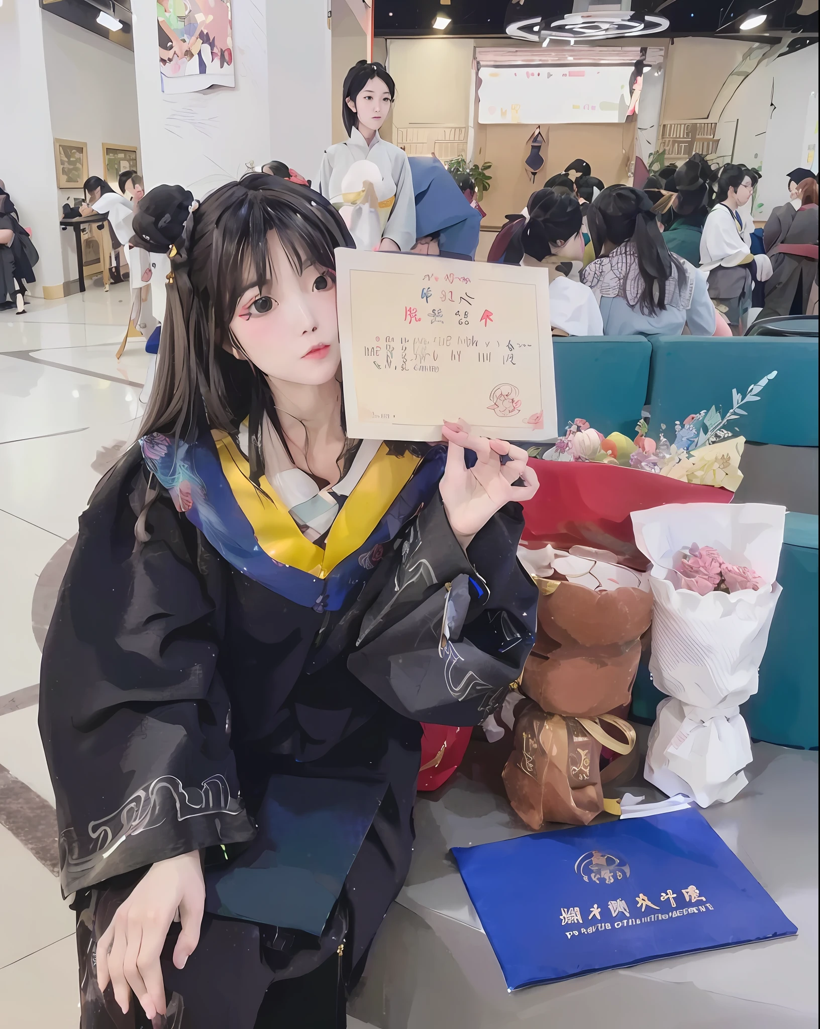 Woman in graduation dress holding graduation certificate in the hall, wearing academic dress, graduation photo, long black hair, thin, 8K)), inspired by Ma Yuanyu, Chen Xintong, Ye Wenfei, Lin Wenjun, Student, Wu Xisen, Jin Yiwei, Li Zixin, Chen Lulu, Wang Qichao, Wang Wei, Shen Mingchen