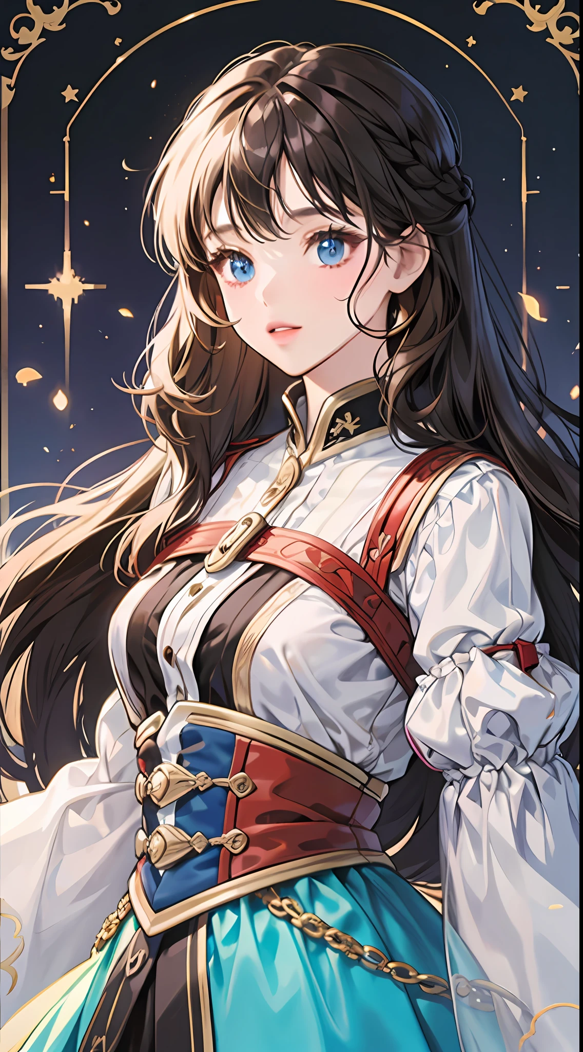 (Ridiculous, high resolution, super detailed), 1girl, brunette hair, long hair, blunt bangs, blue eyes, short white skirt, fine eyes and detailed face, extremely detailed CG unity 8k wallpaper, BREAK, visual narrative, (no background), looking at the camera, standing painting, (half-body) (eye focus).