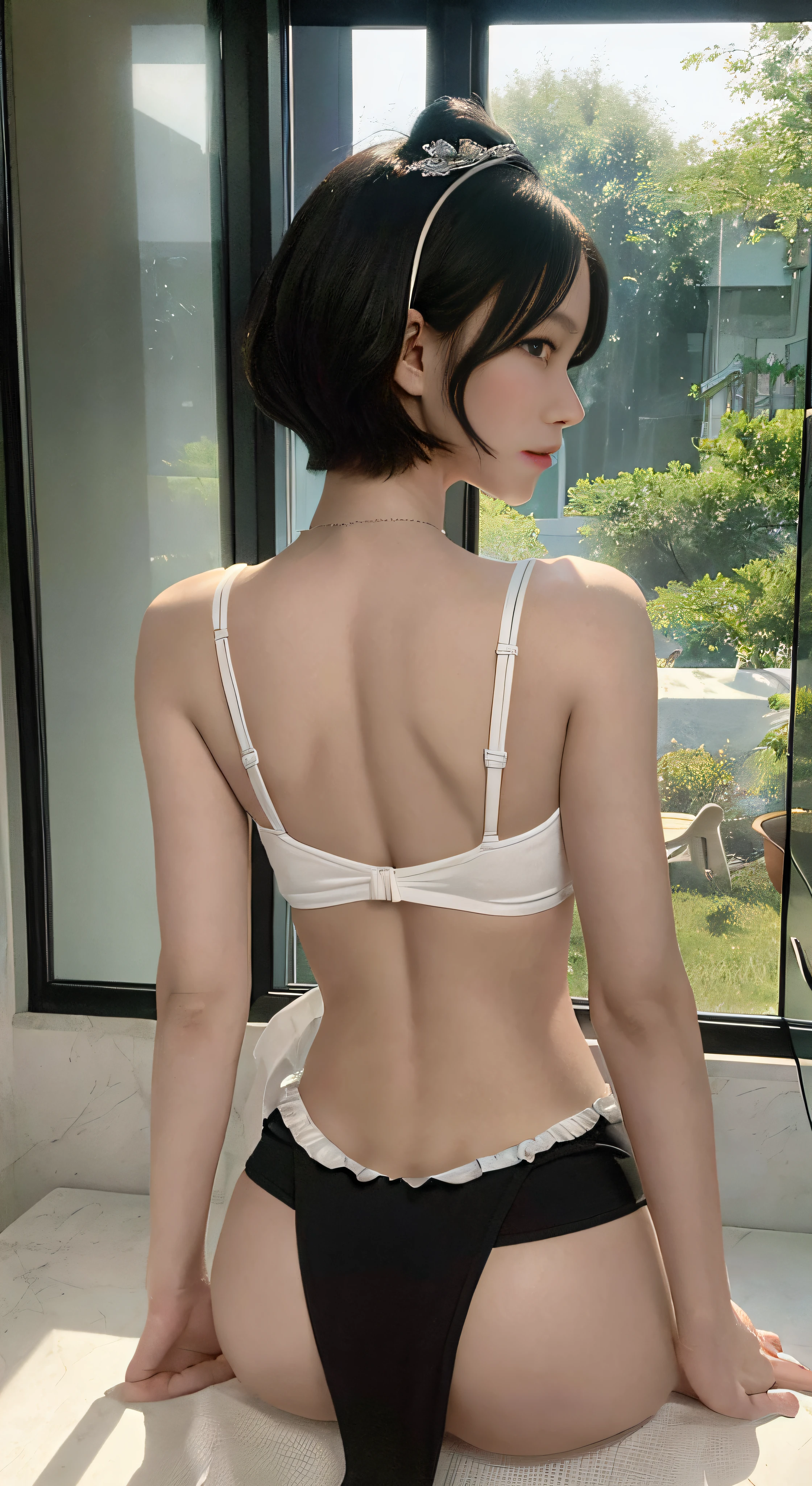 UHD,Ultra HD,Retina,Retina,Retina Screen,Masterpiece,Precise,Precise,Anatomically Correct,Textured Skin,Super Detail,Very detailed,High Detail,High Quality,Awards,Award-winning,Best Quality,High Resolution,High Resolution,High Definition,High Definition,4K,8K,16K,Portrait Style,Zoom Layer,Eye Level Shot,Surrealism,Color Field Painting,Hyper-Realism,Surreal Detail Painting,Cinematic Lighting,JPEG Artifacts,Reflected Light,Shadows, silhouette, light black hair, short hair, long eyelashes, full smile, slender body, full body, maid suit, maid cosplay, 25 years old, mature, slender legs, maid headdress, moaning, skinny body, maid, skirt, skirt lifting, cleavage, belly button, abs, belly button, lower breast, muscles, fine muscles, no panties, panty marks, hands between legs, underwear hands, areola mistress soft abs petite woman thin waist SM naked pubic hair areola masturbation, pubic hair, see-through, kitchen, kitchen, serving, dining table, back view, back view, back