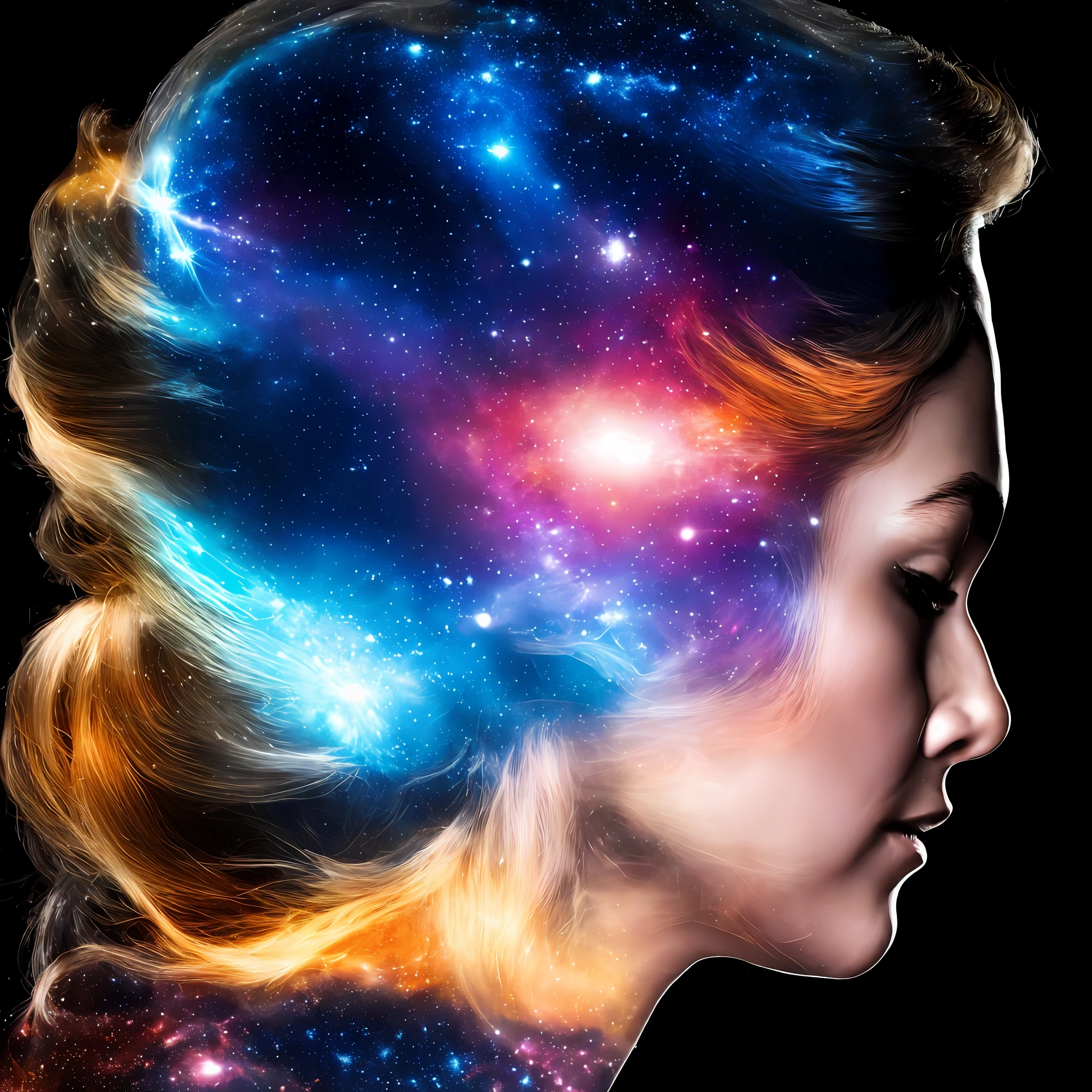 dblxp a close-up photo profile of a woman made out of a galaxy, black background