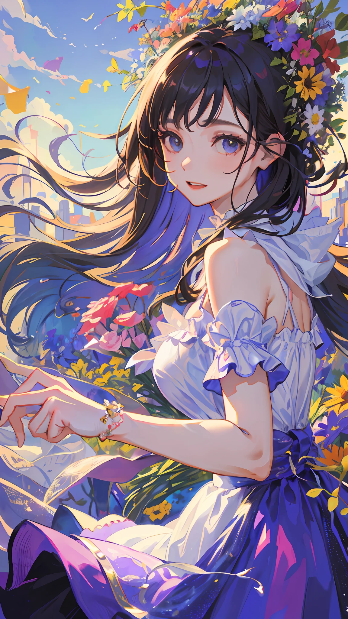 A girl holding flowers, colorful balloons floating in the sky, meadow, dancing, holding flowers, happy, happy, perfect quality, clear focus (clutter-home: 0.8), (masterpiece: 1.2) (Realistic: 1.2) (Bokeh) (Best quality) (Detailed skin: 1.3) (Intricate details) (8K) (Detail Eyes) (Sharp Focus), (Happy)