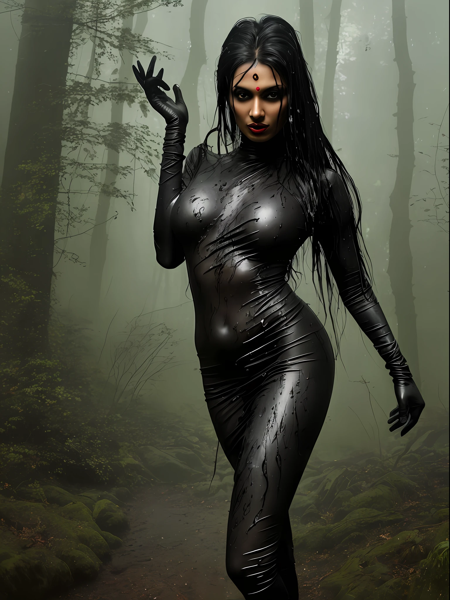 A beautiful Indian woman with her breasts covered in a viscous black liquid that runs down her body, she has long wet black hair, green eye irises, her body and face are wet, red makeup, sharp eyes, thick legs, red mouth, large voluminous and pointy breasts, posing for the camera, dressed in black viscous fabric running down the floor, in a dark and gloomy forest, cloudy and rainy day, wet earth, witch, black gloves, a lot of fog in the background, best quality photo, a masterpiece, sensuality and elegance, HD, photograph taken by Sony R7 camera with 50mm Full frame lens, f1.2 aperture, mythology style